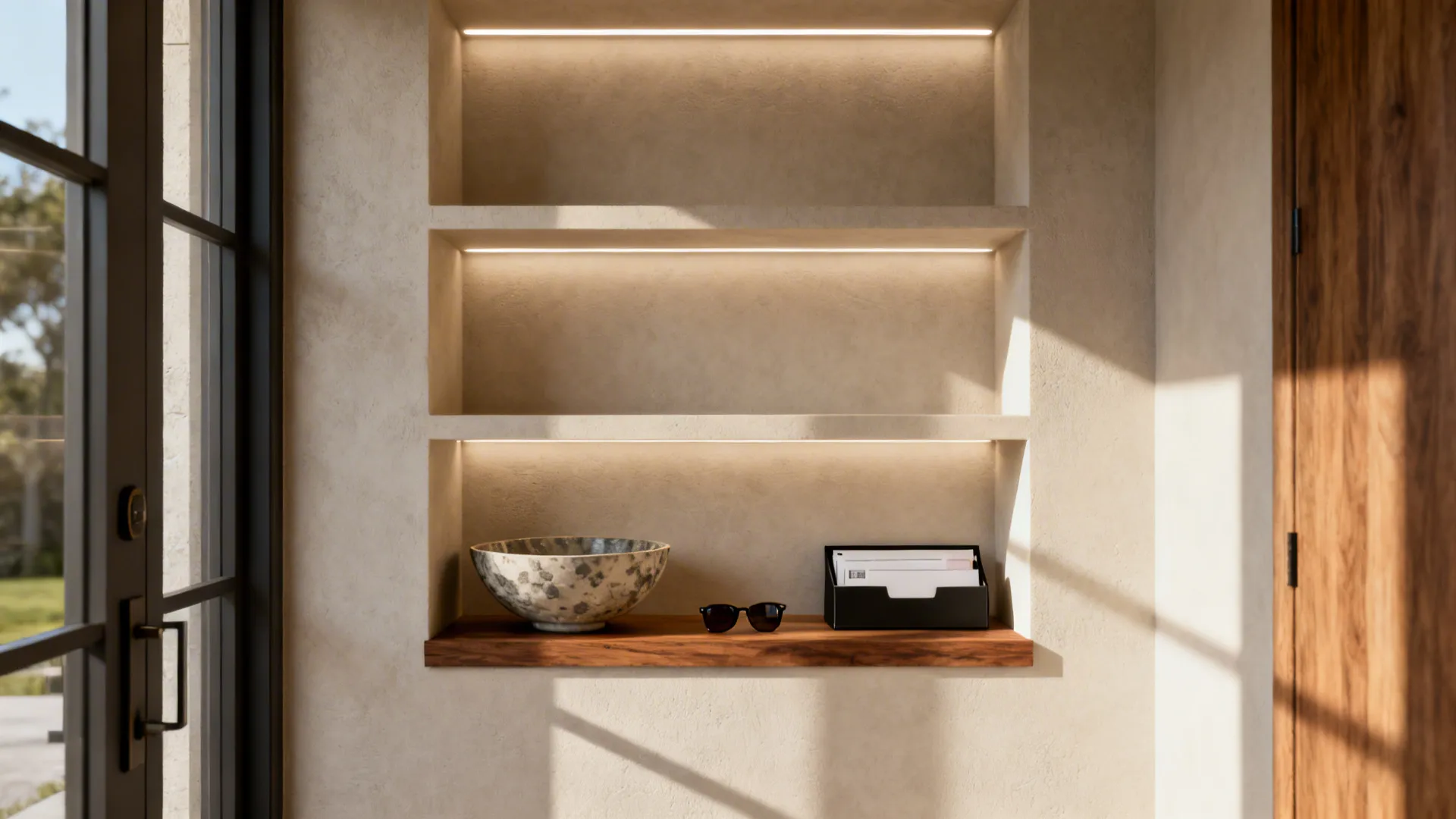 Shallow built-in niche with mail tray and decorative bowl in a small entry