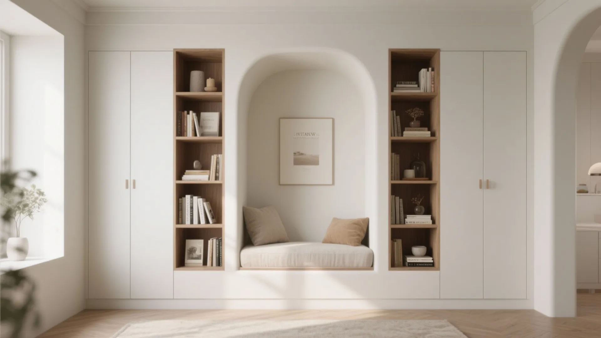 White wall cabinet with central arched seat niche and wooden shelves for books and decor