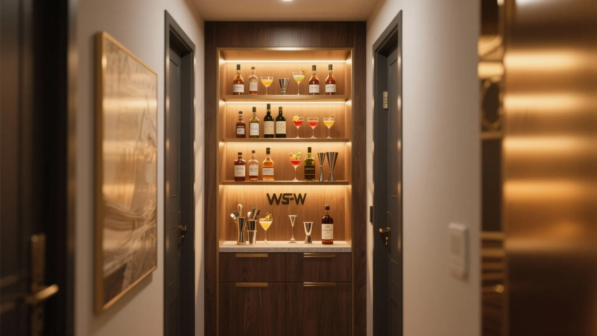 Small home bar in hallway with wooden cabinet, lit shelves, cocktail bottles, and gold frame