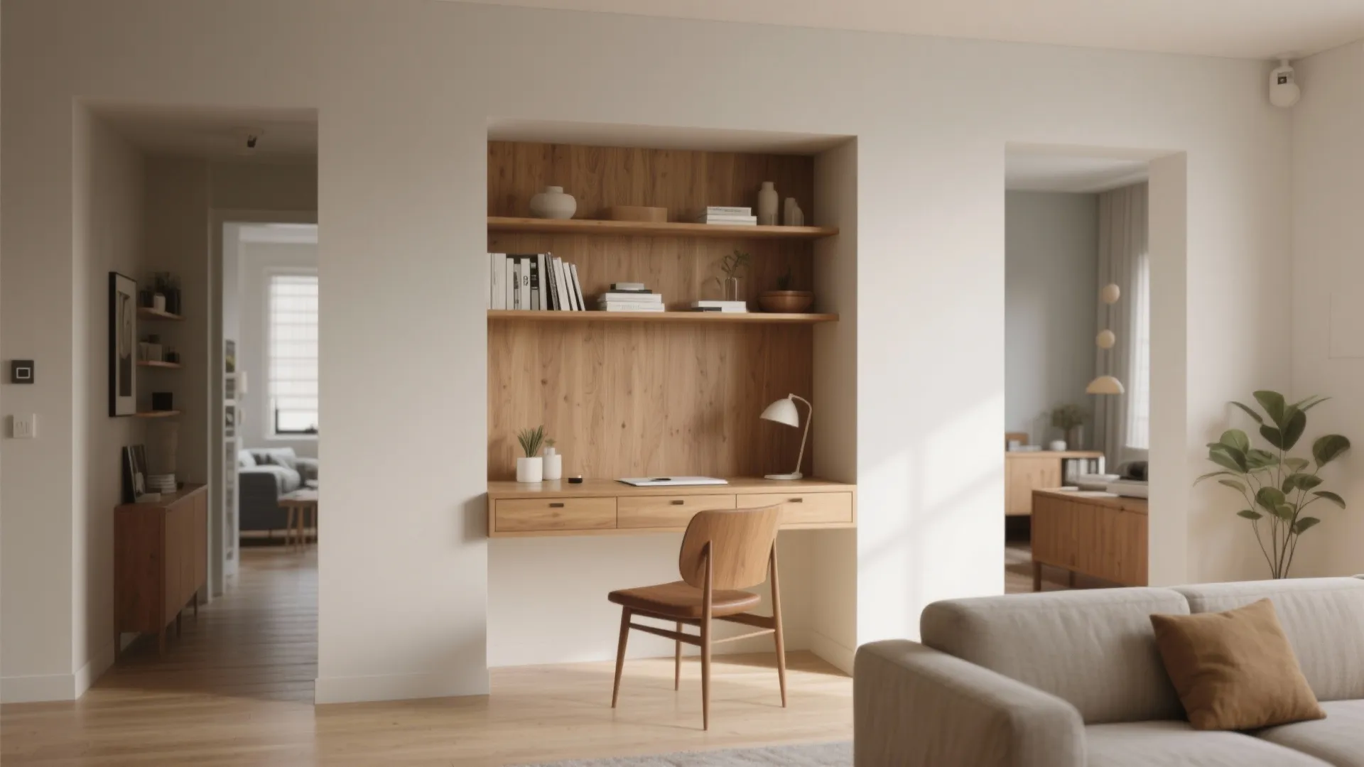 Built-in wall niche desk with shelving in a living room