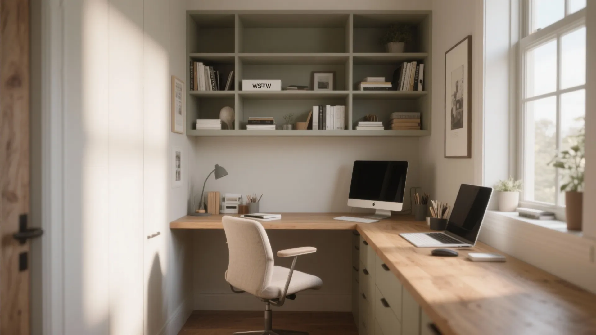 Built-in corner workspace with wooden desktop green shelving computer laptop and natural window light source