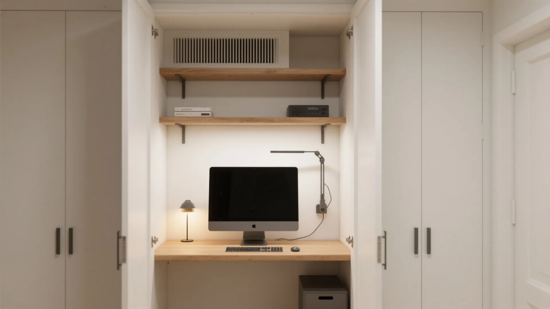 Built-In Niche: Shelves, Sconces, and a Slim Monitor Arm