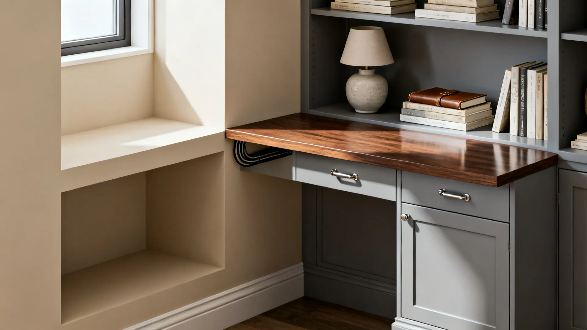 Before and after of a recessed built-in desk within a bookcase, showing integrated storage and cable management.