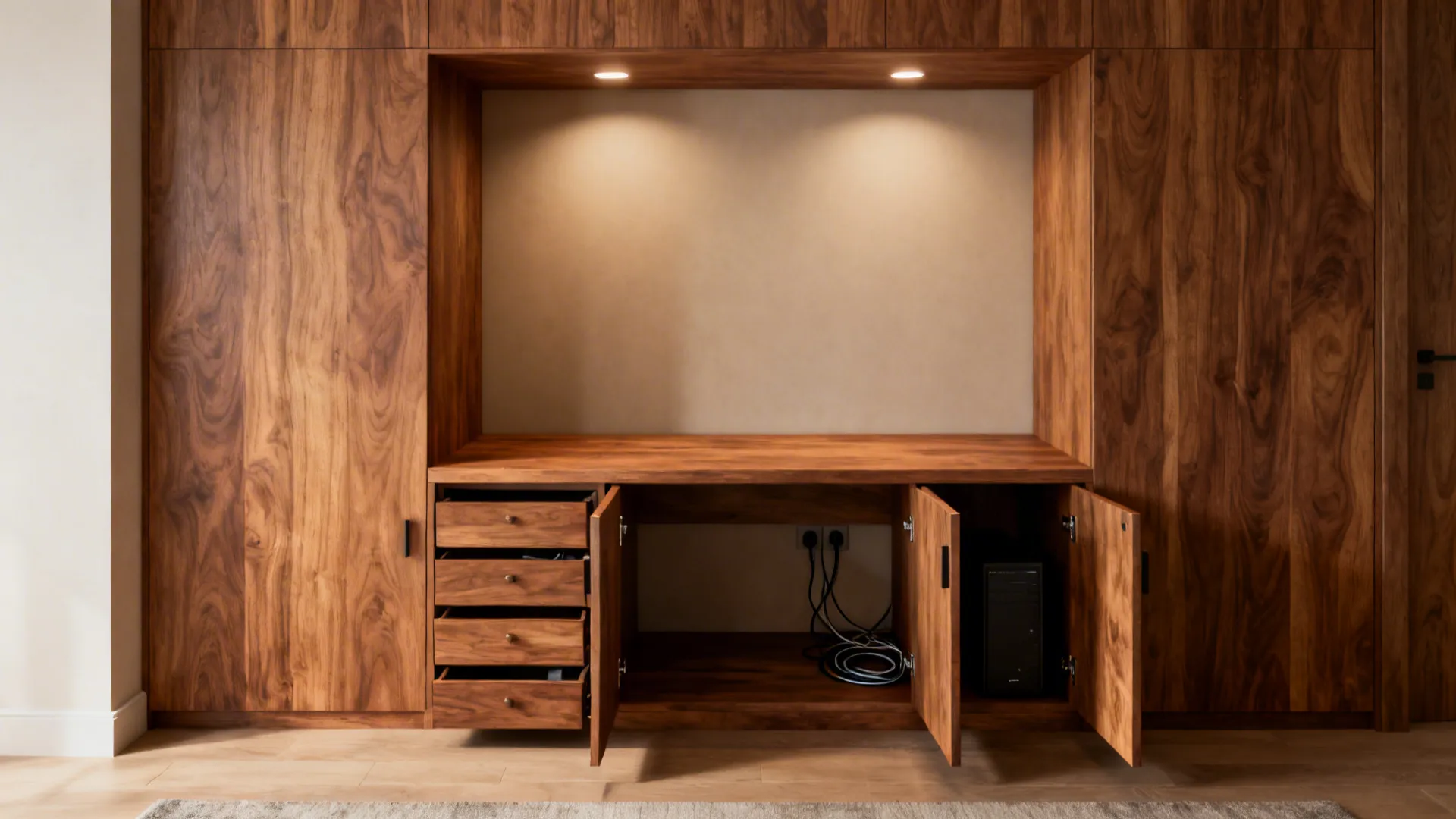 Large wooden wall cabinet with a built in desk area and open drawers and storage