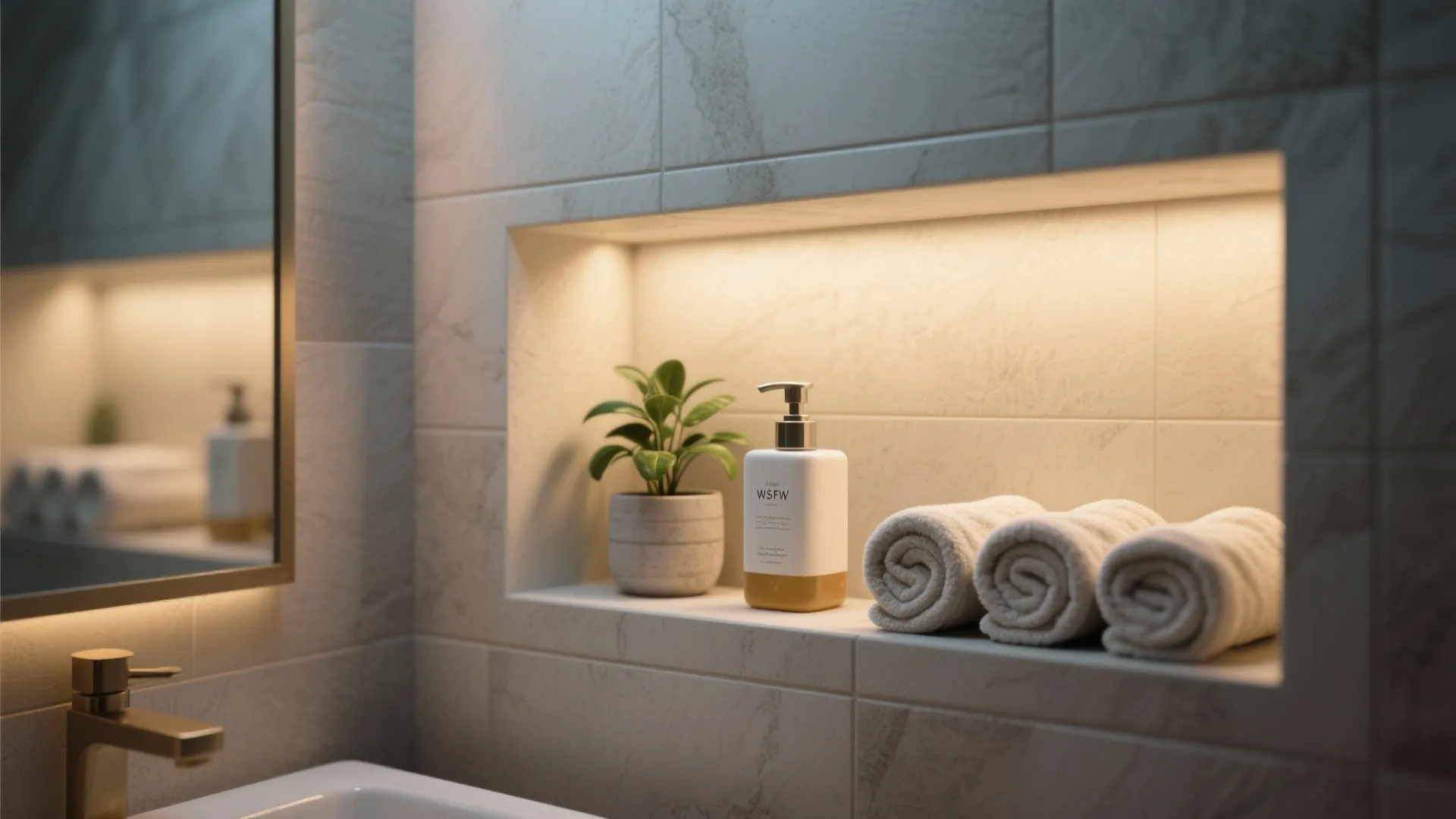 Recessed wall shelf in bathroom with warm light holding rolled towels small plant and soap bottle