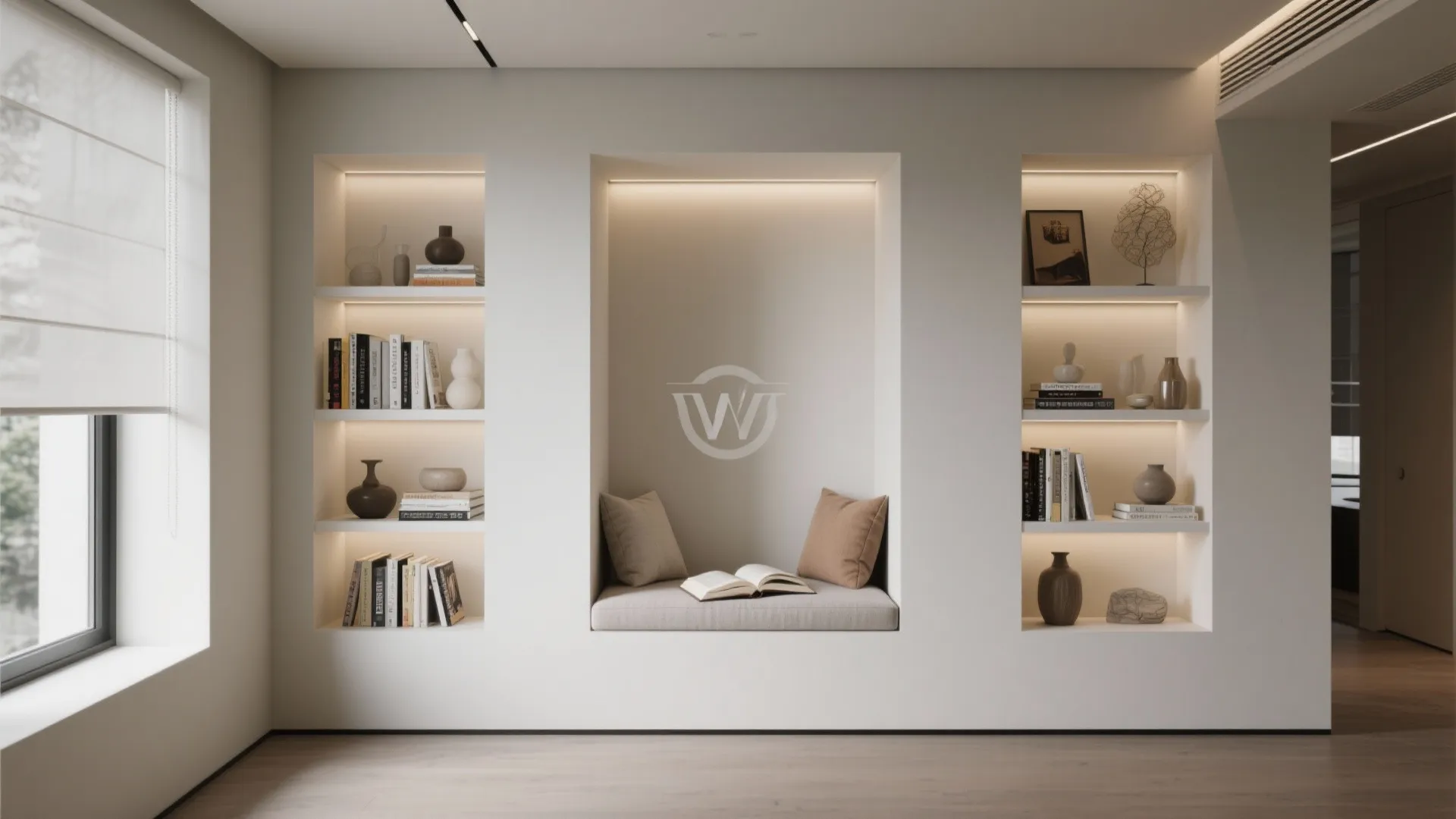 Minimalist white wall with built in shelves and a small seating area with soft pillows