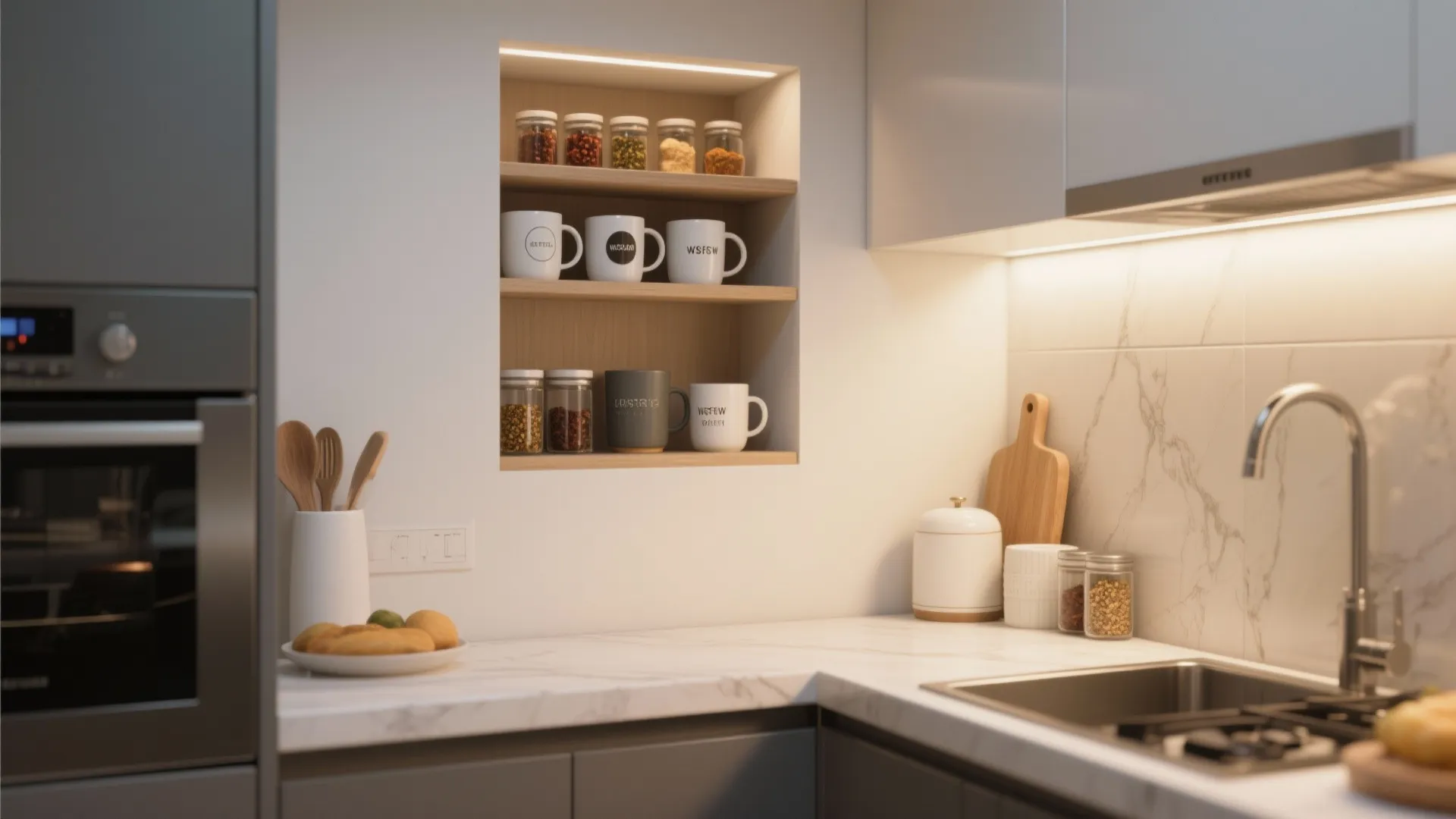 Modern kitchen with marble countertop sink built in wall shelf holding mugs and glass jars