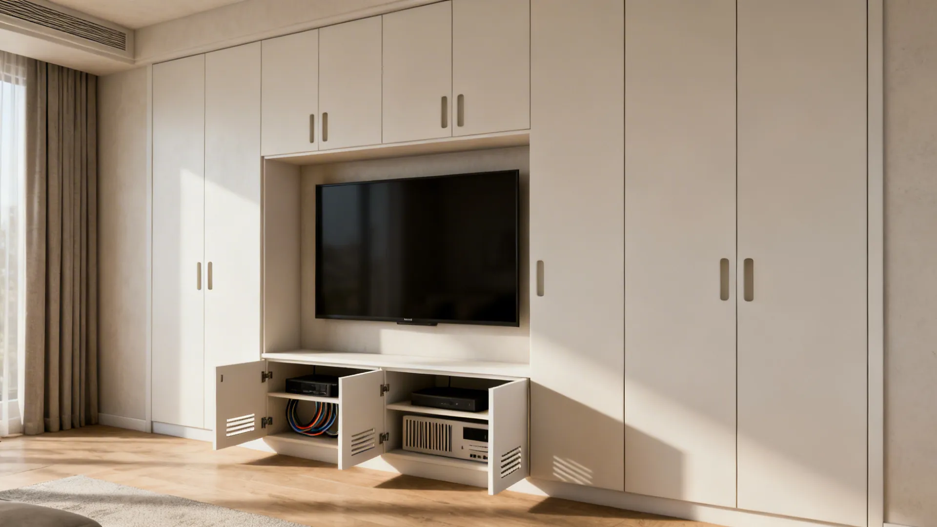 Built-in TV niche with full-height flush doors creating a seamless, minimal wall.