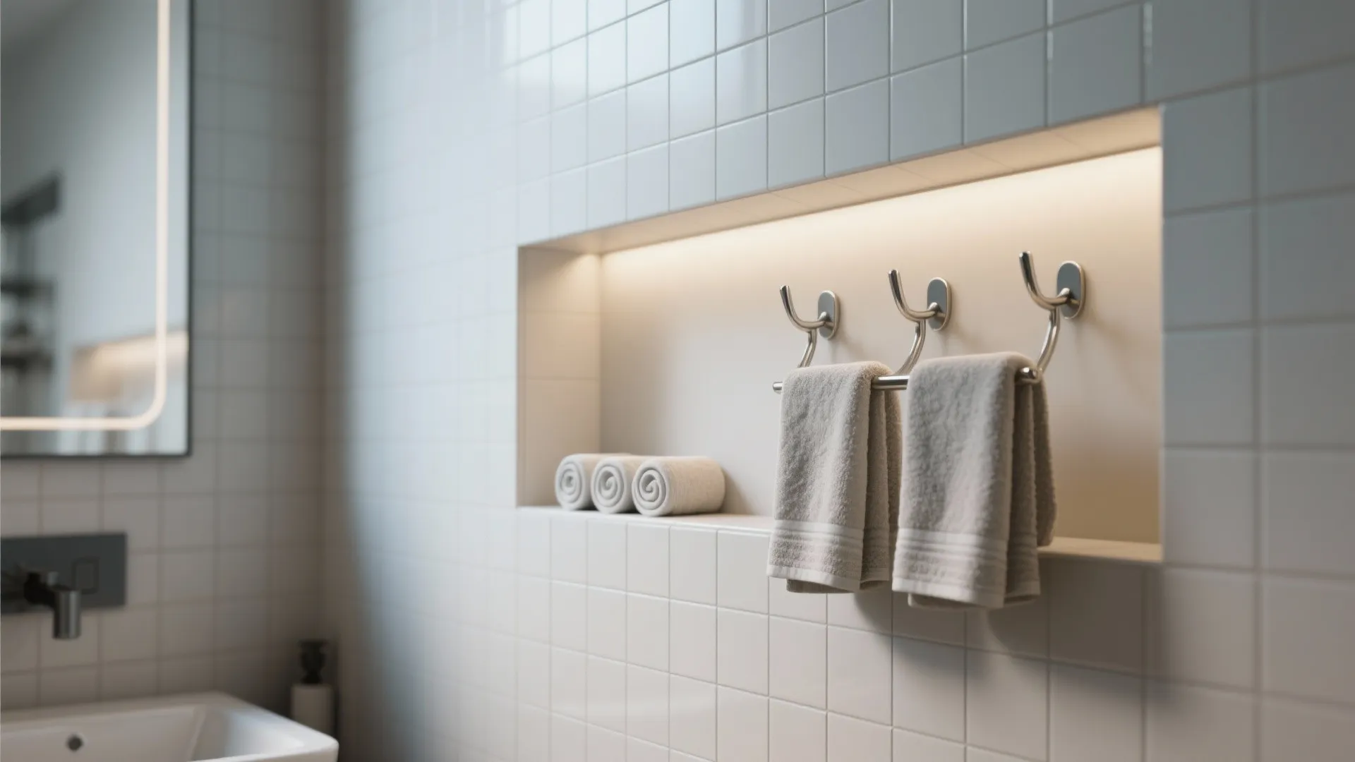 Modern wall niche with light showing rolled towels and three metal hooks holding grey towels