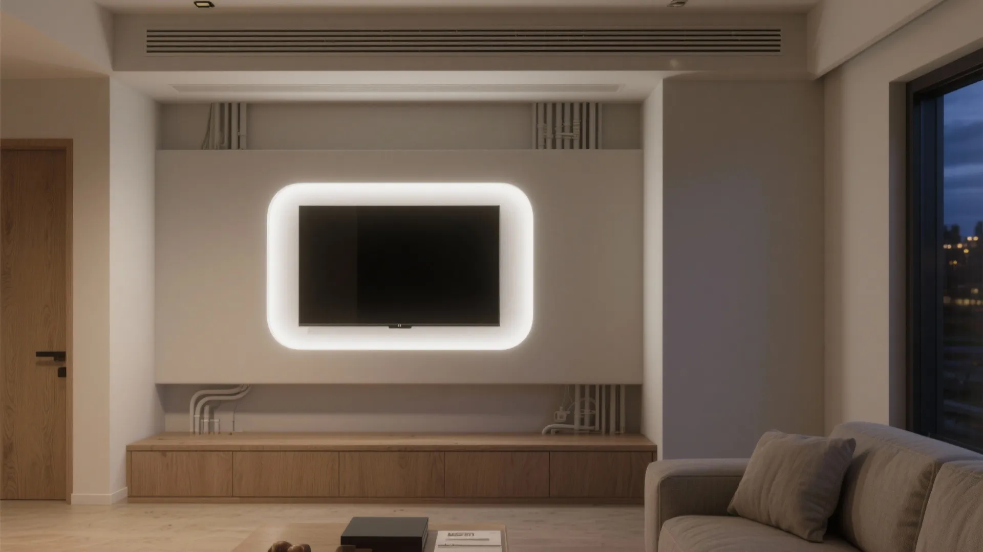 Modern living room with television on wall panel featuring glowing light fixture and wooden cabinet