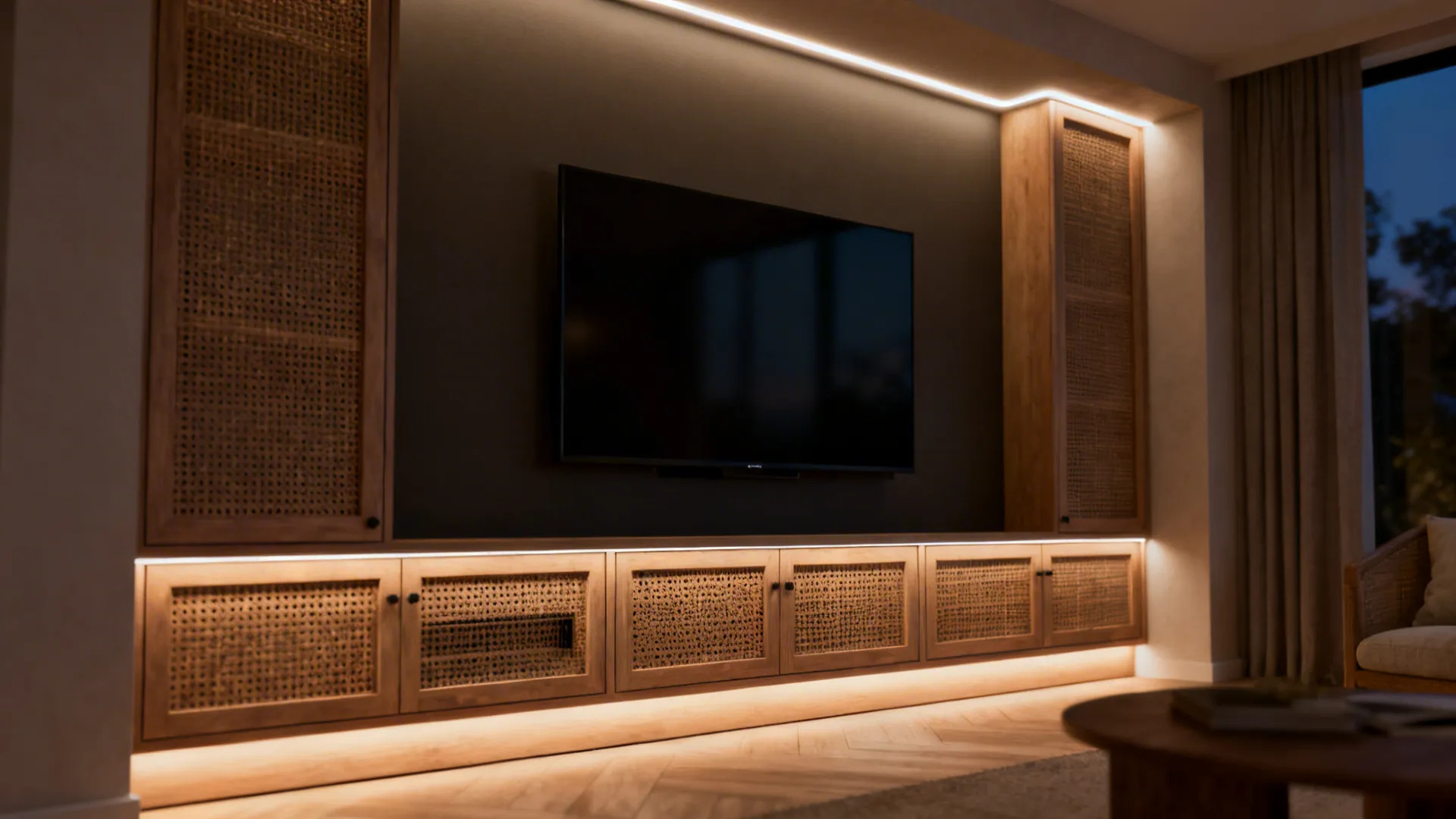 Built-in recessed TV niche with LED cove lighting and ventilated mesh doors in a small living room.