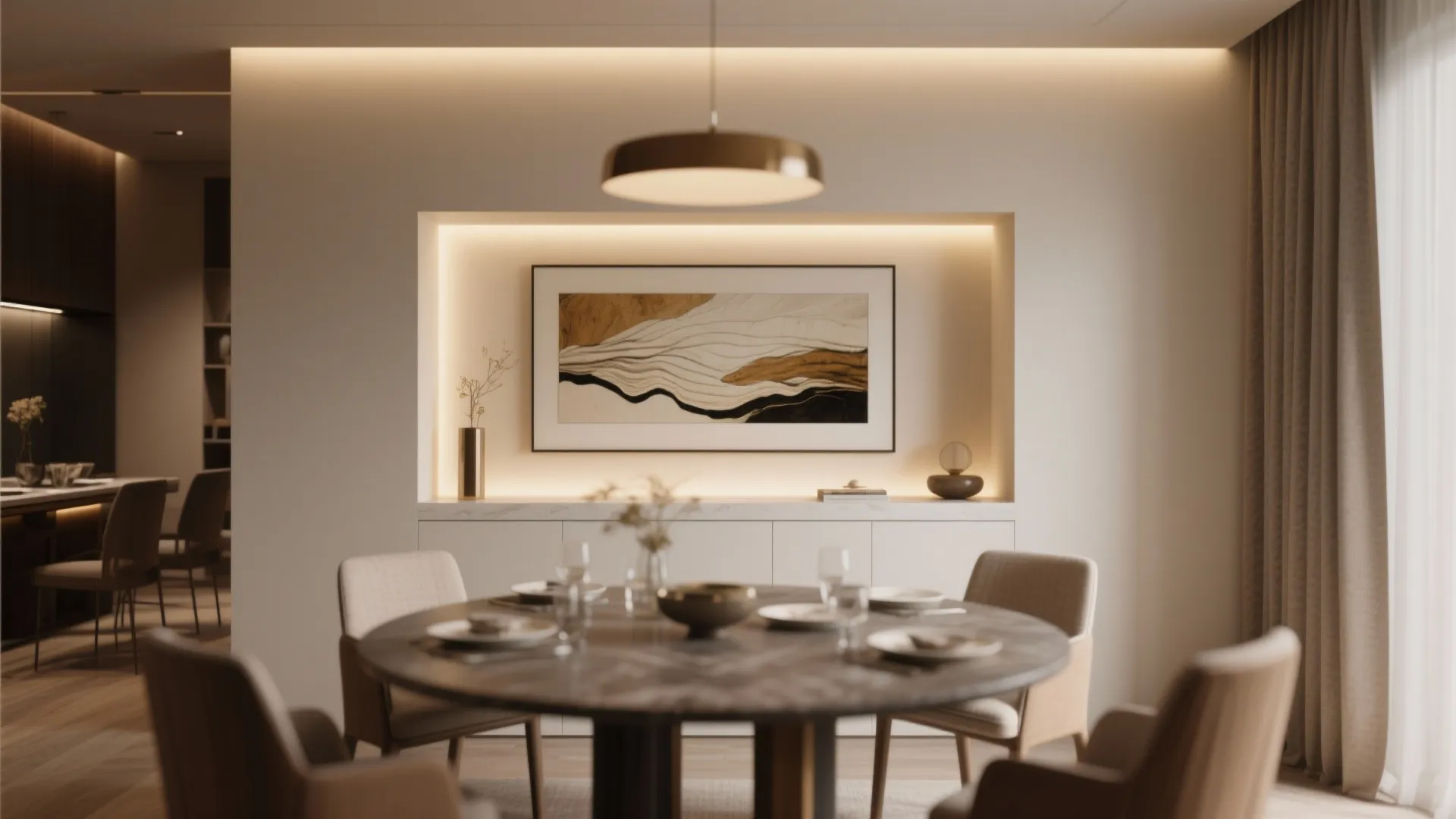 Modern dining room featuring a wall niche with warm light, artwork, and white storage cabinet