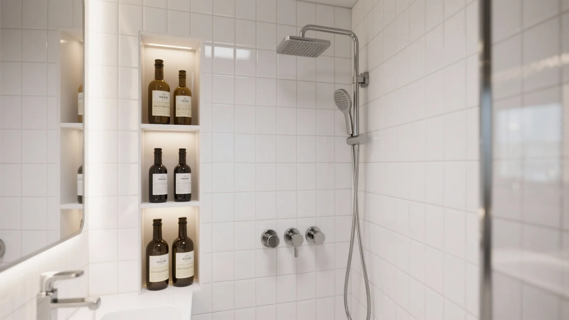 White tiled shower area with recessed wall shelves holding brown bottles and a silver shower