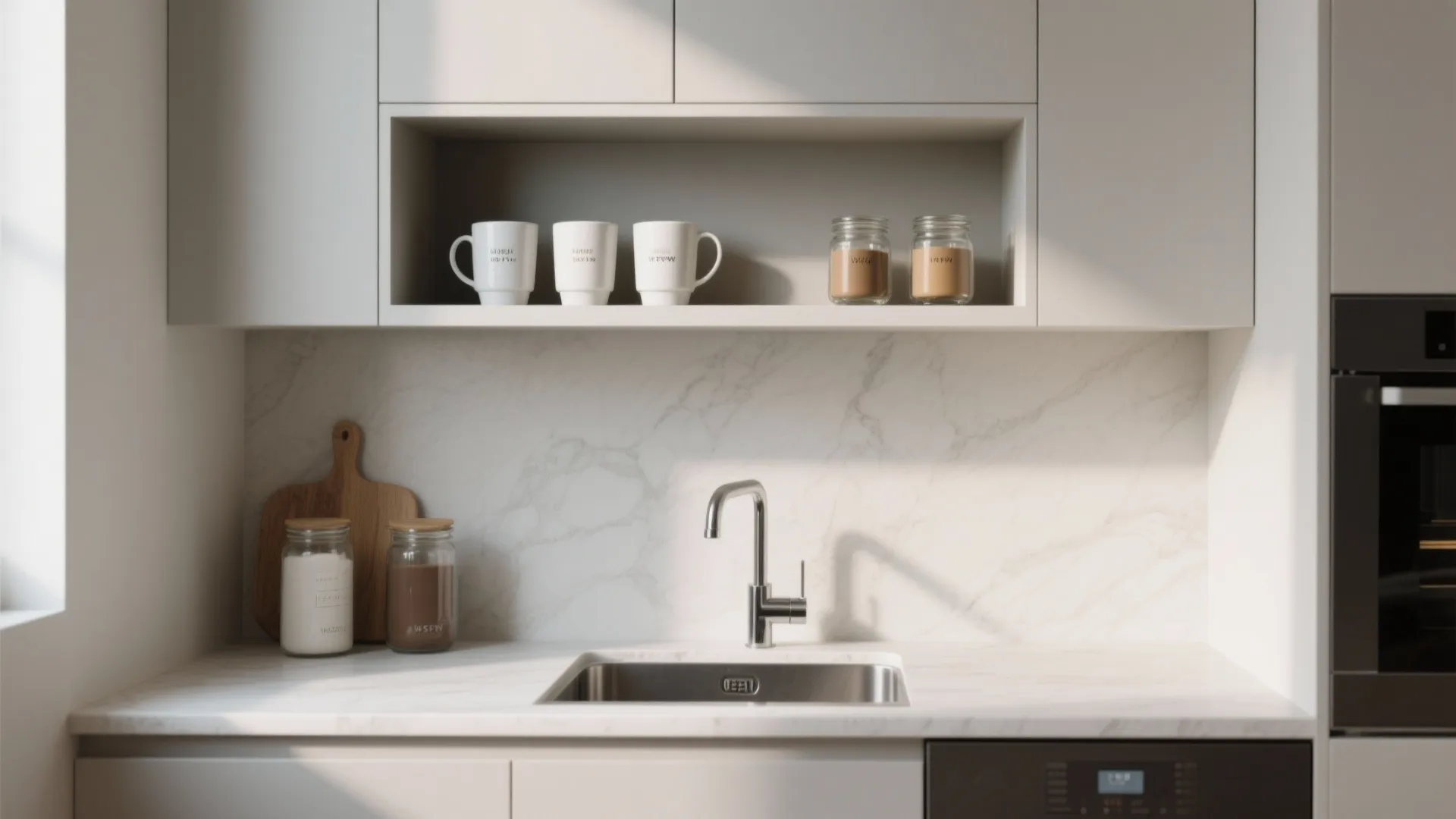 Modern kitchen sink area with white marble countertop and open shelf holding white coffee mugs