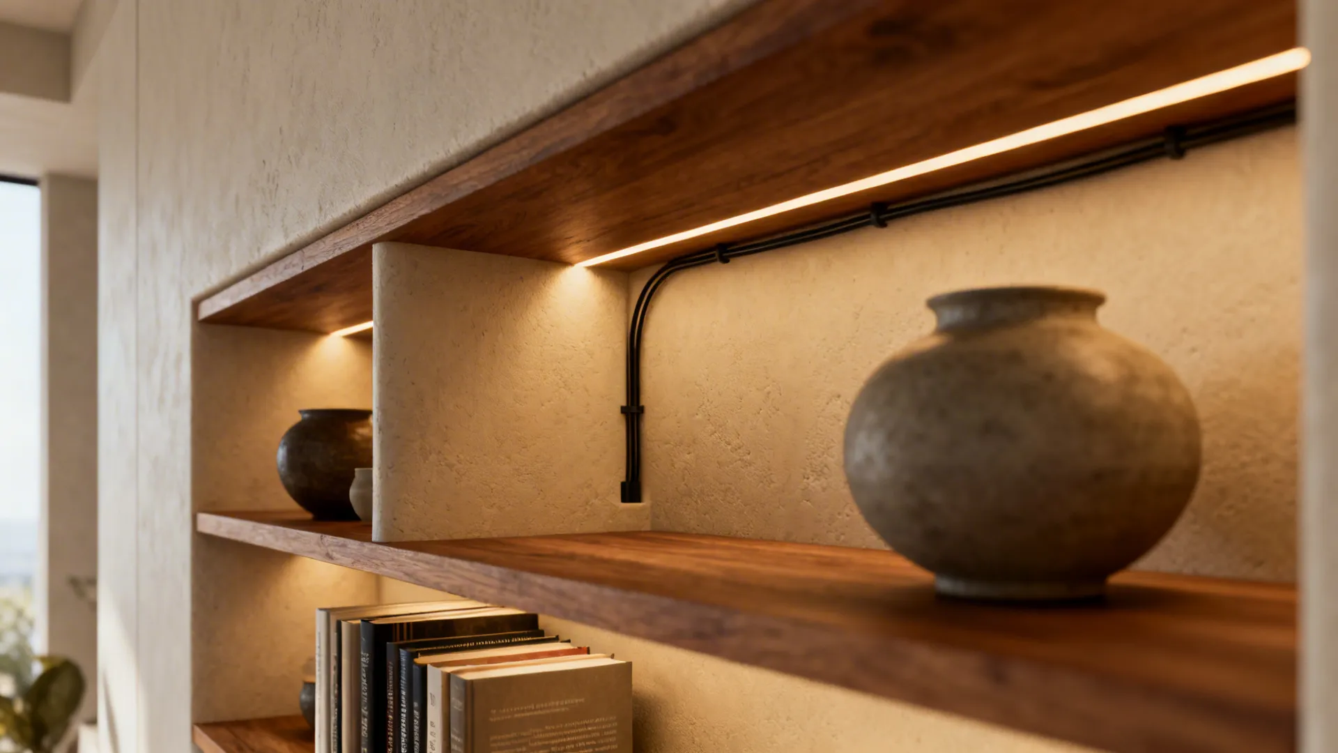 Recessed built-in niche shelving with warm backlighting and curated decor pieces.