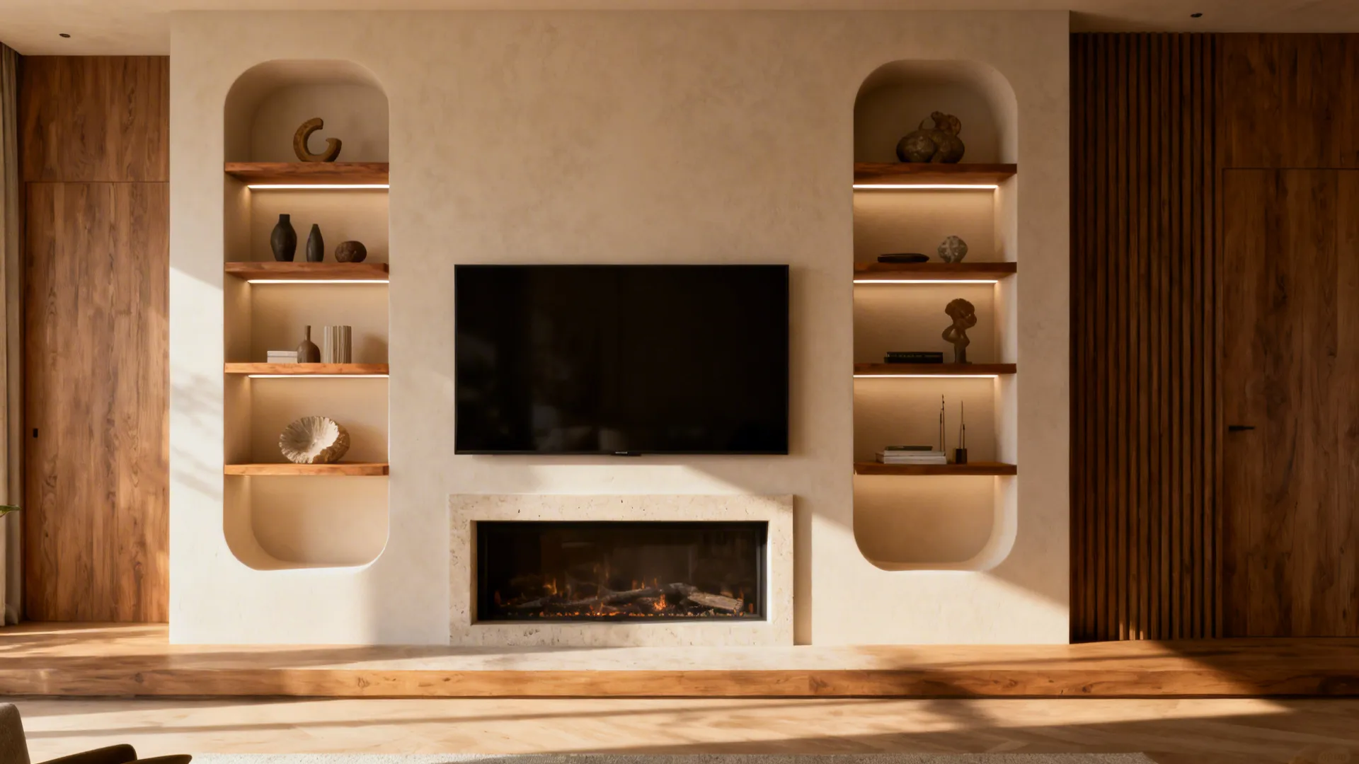 Recessed niche shelving around a TV area with integrated lighting and warm wood shelves