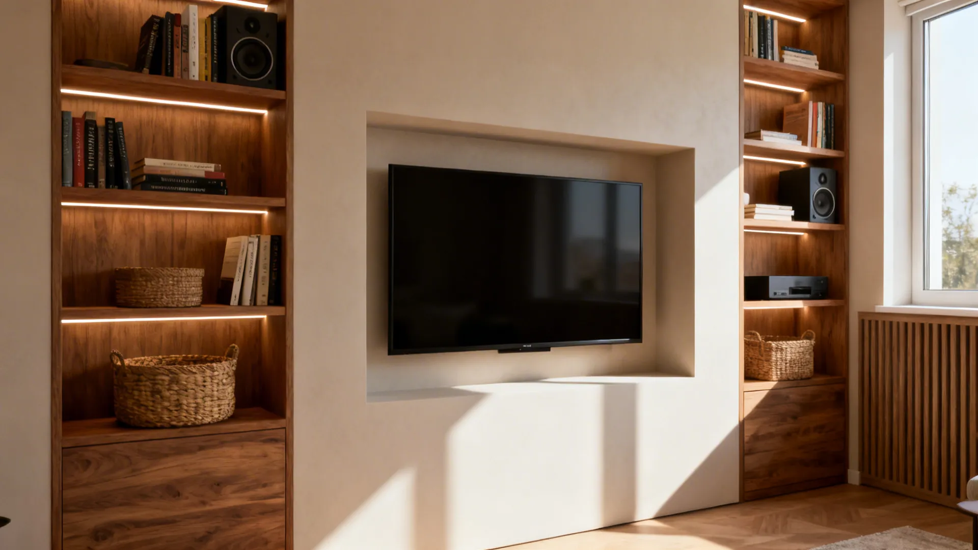 Recessed TV niche with built-in shelving, baskets, and speakers for tailored storage.