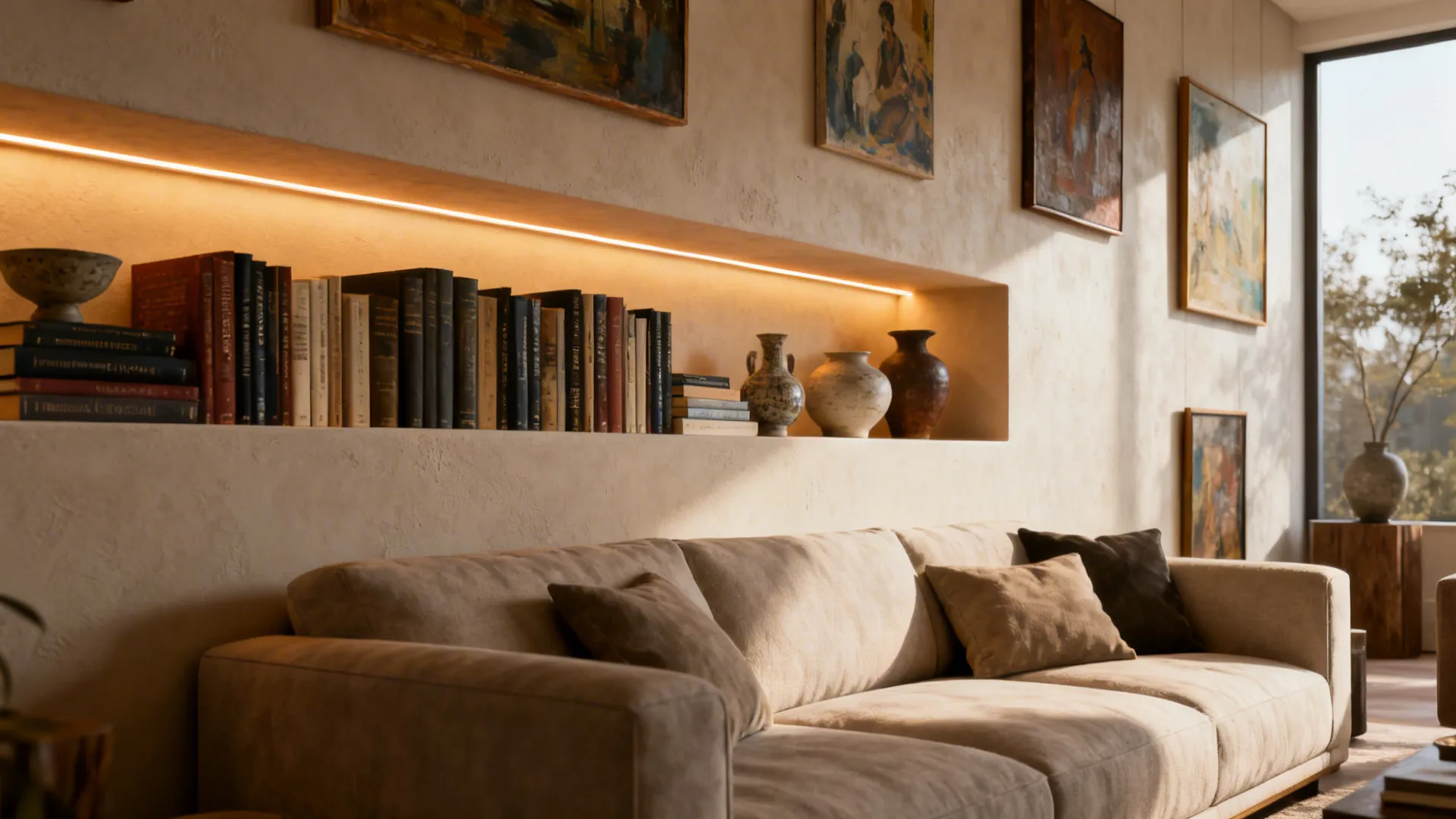 Recessed built-in niche shelving with warm LED lighting displaying books and ceramics behind a sofa.