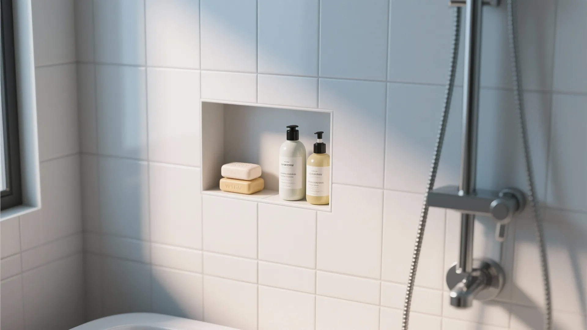 White tiled shower wall featuring a small recessed shelf holding soap and two shampoo bottles