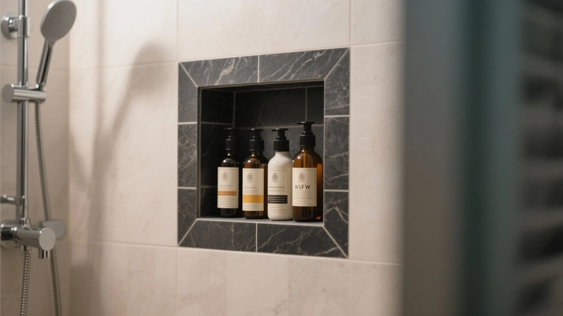 Black marble shower wall shelf with four soap bottles next to silver metal shower head