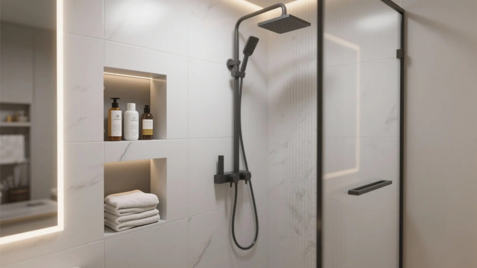 White marble shower wall with built in shelf holding folded towels and small soap bottles
