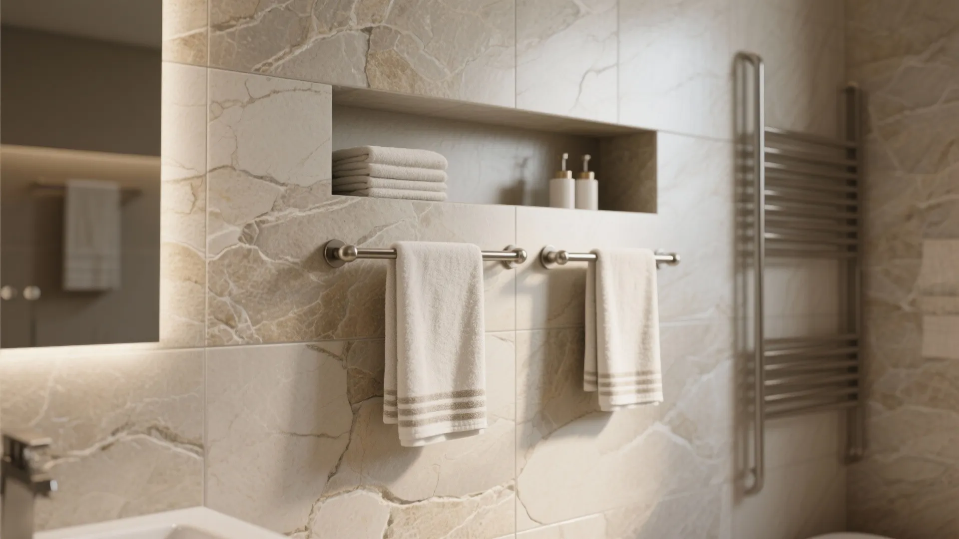 Modern bathroom with stone wall tiles featuring a built-in wall shelf and two metal towel bars