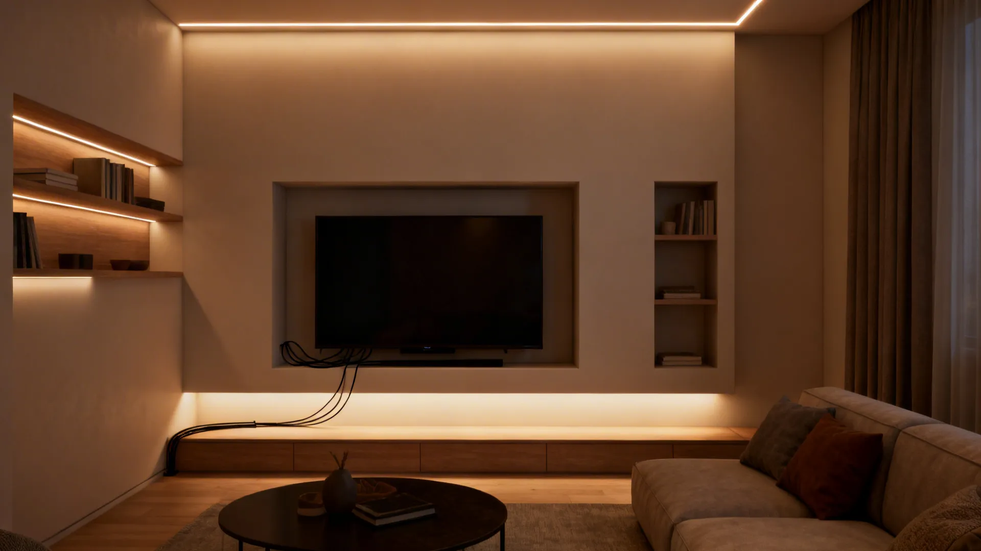 TV mounted in a recessed built-in niche with LED strip lighting and hidden cables