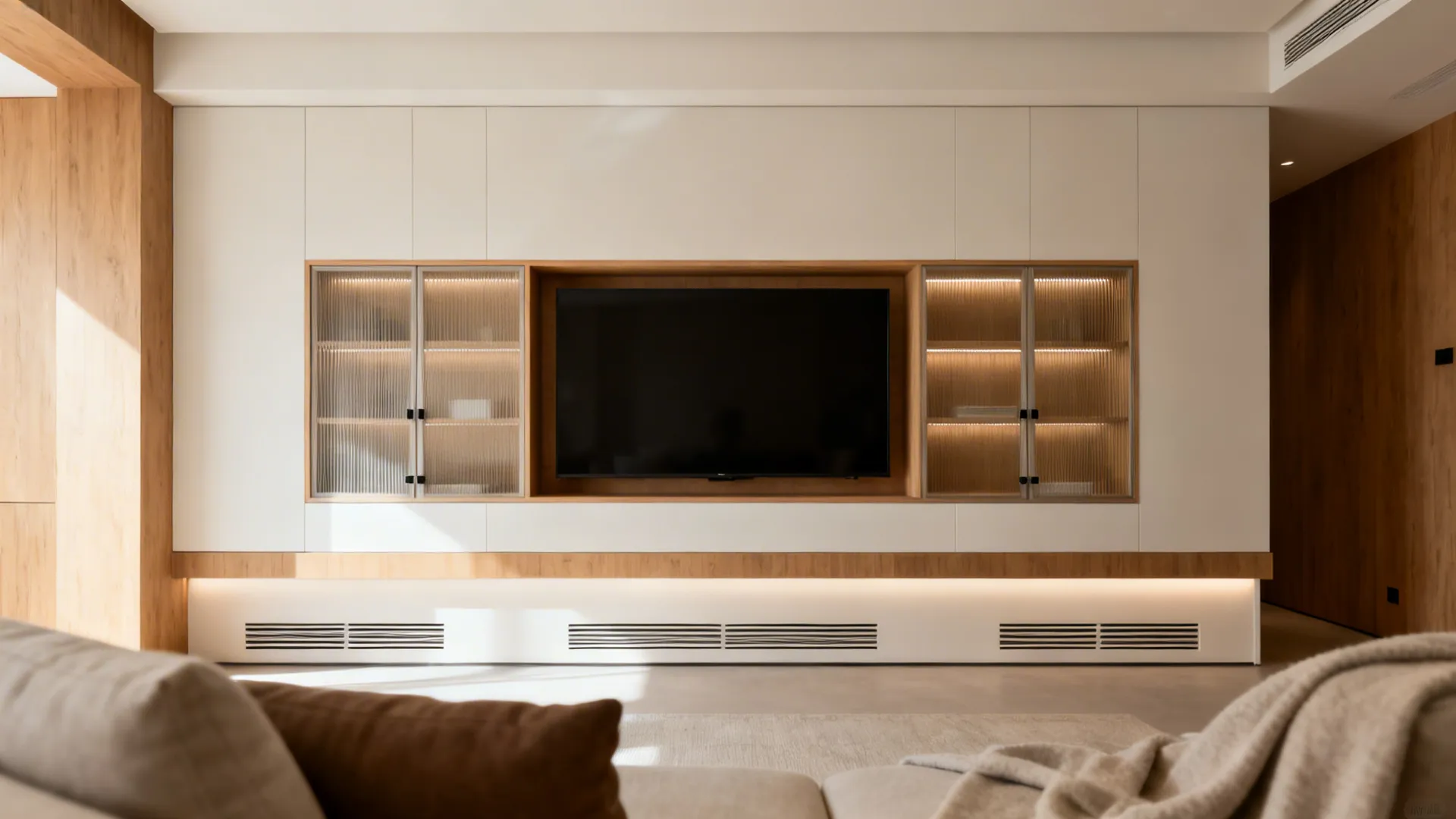 Built-in TV wall with flush niche, reeded glass showcase cubbies, and hidden push-latch storage.