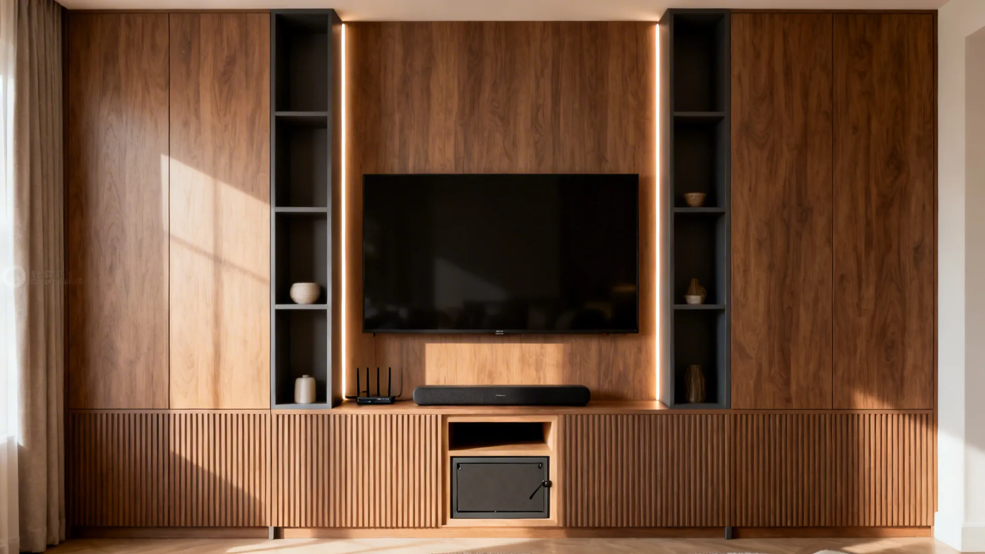 Built-in wall with fluted doors and a recessed TV niche illuminated by subtle LEDs.