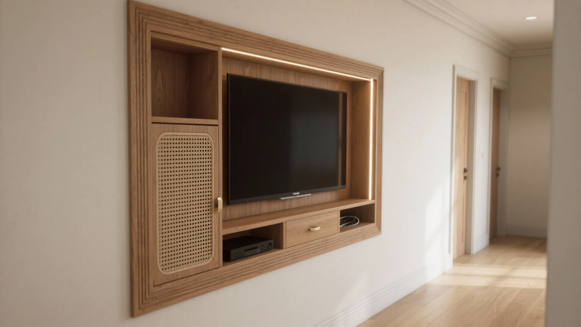 Built-in niche with fluted wood and concealed storage