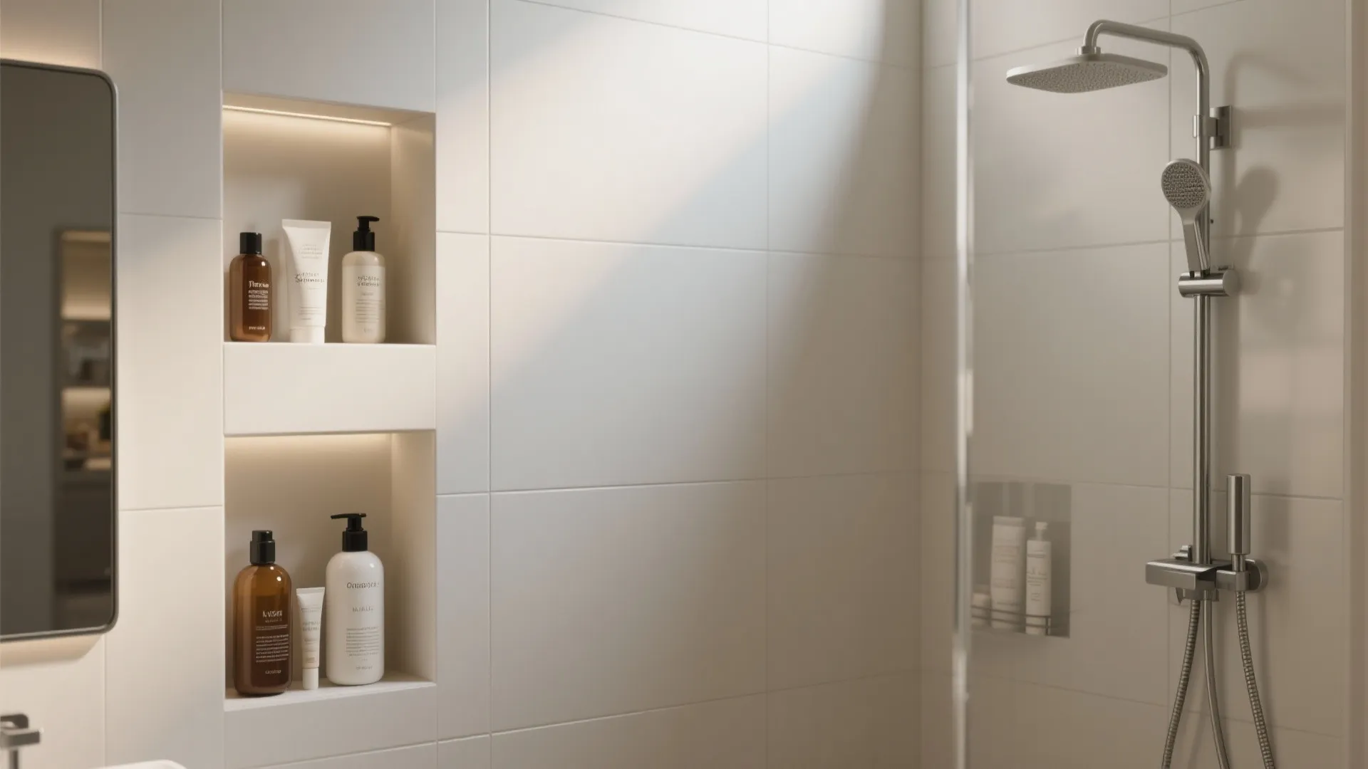 Modern white bathroom wall featuring built in shelving with toiletries and a metal shower head