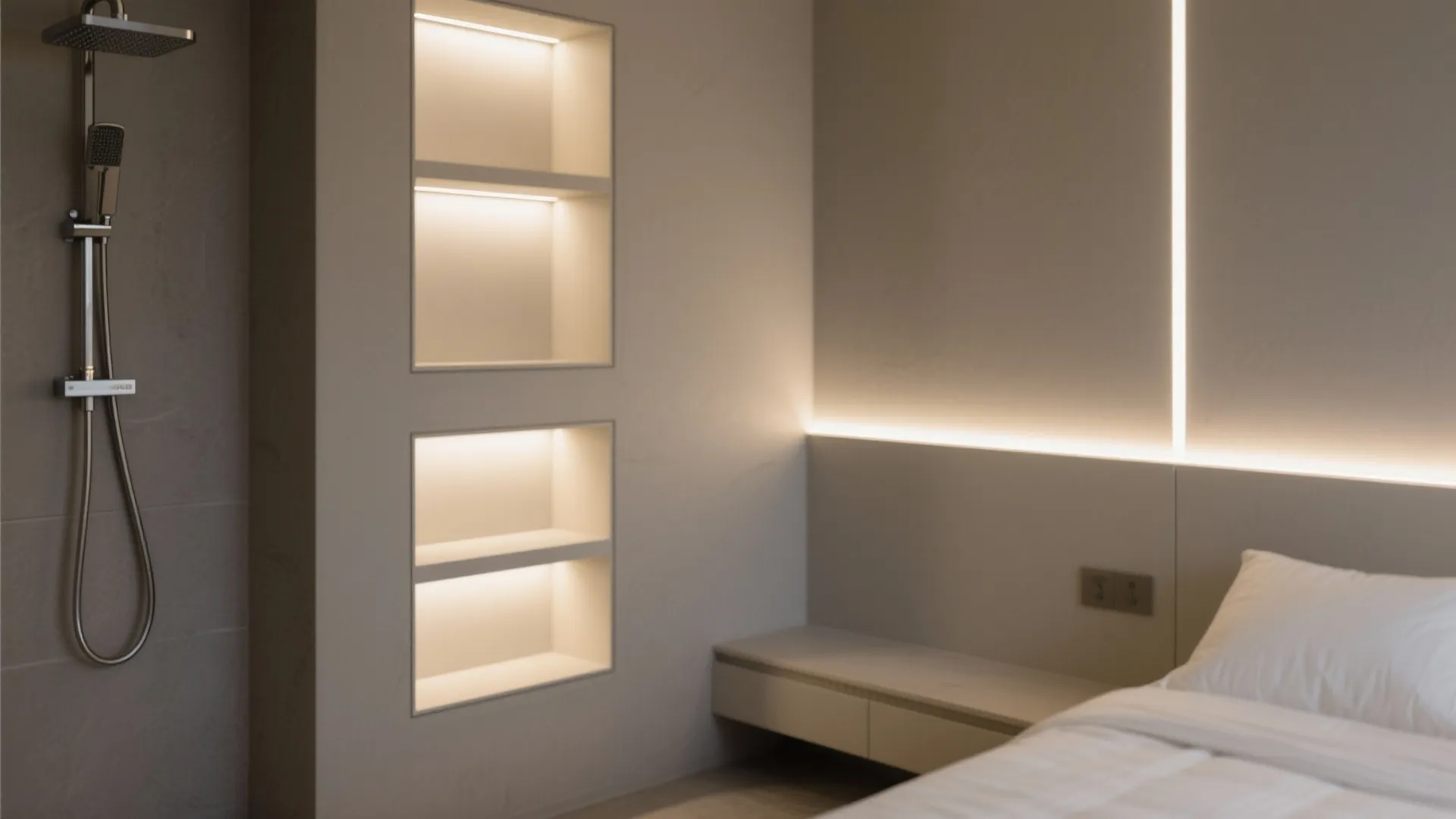 Minimalist bedroom with wall shelf niches light fixture shower head and white bedding set furniture