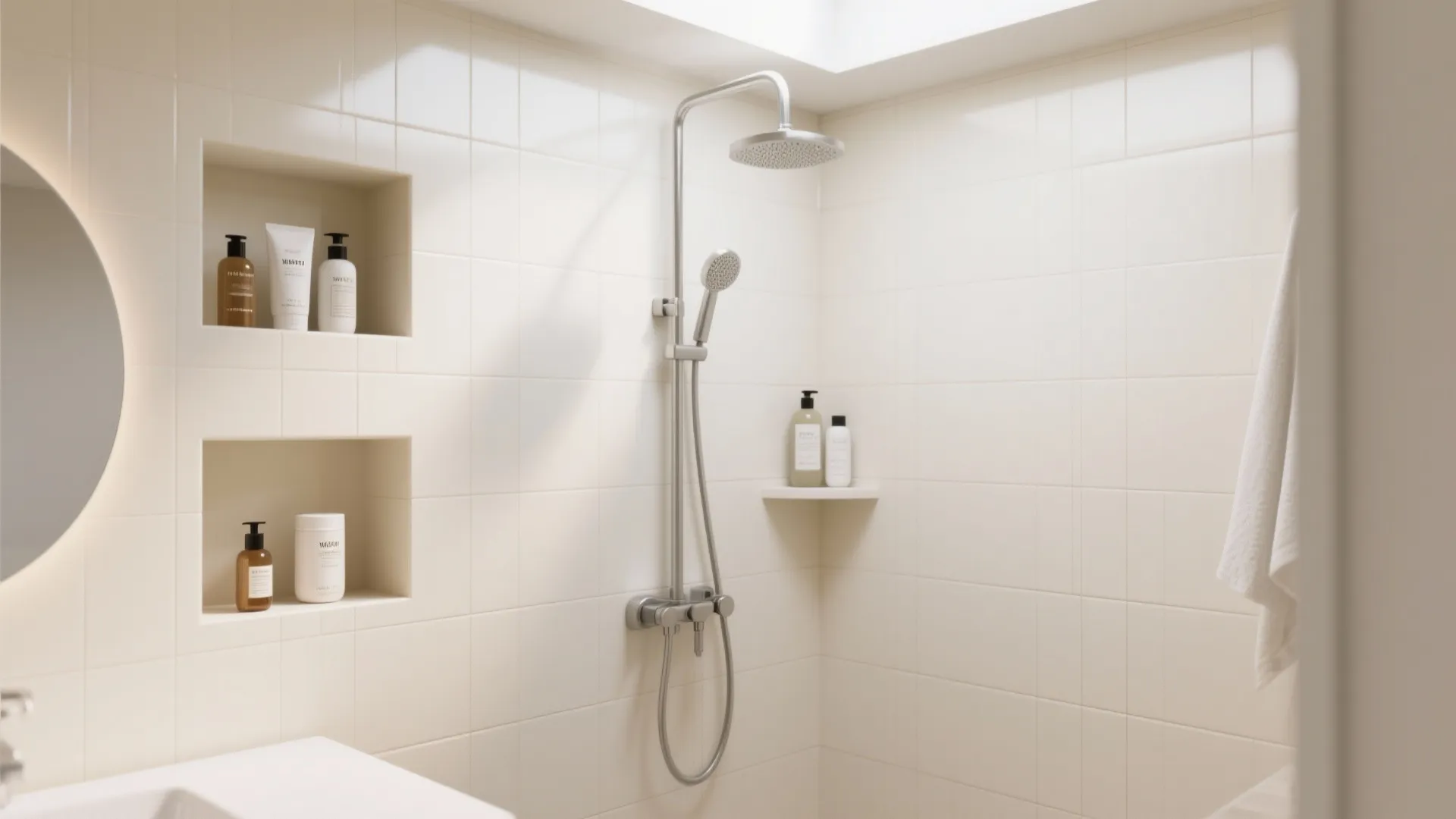 Modern shower area with white tiles built in wall niches bottles and silver shower head design