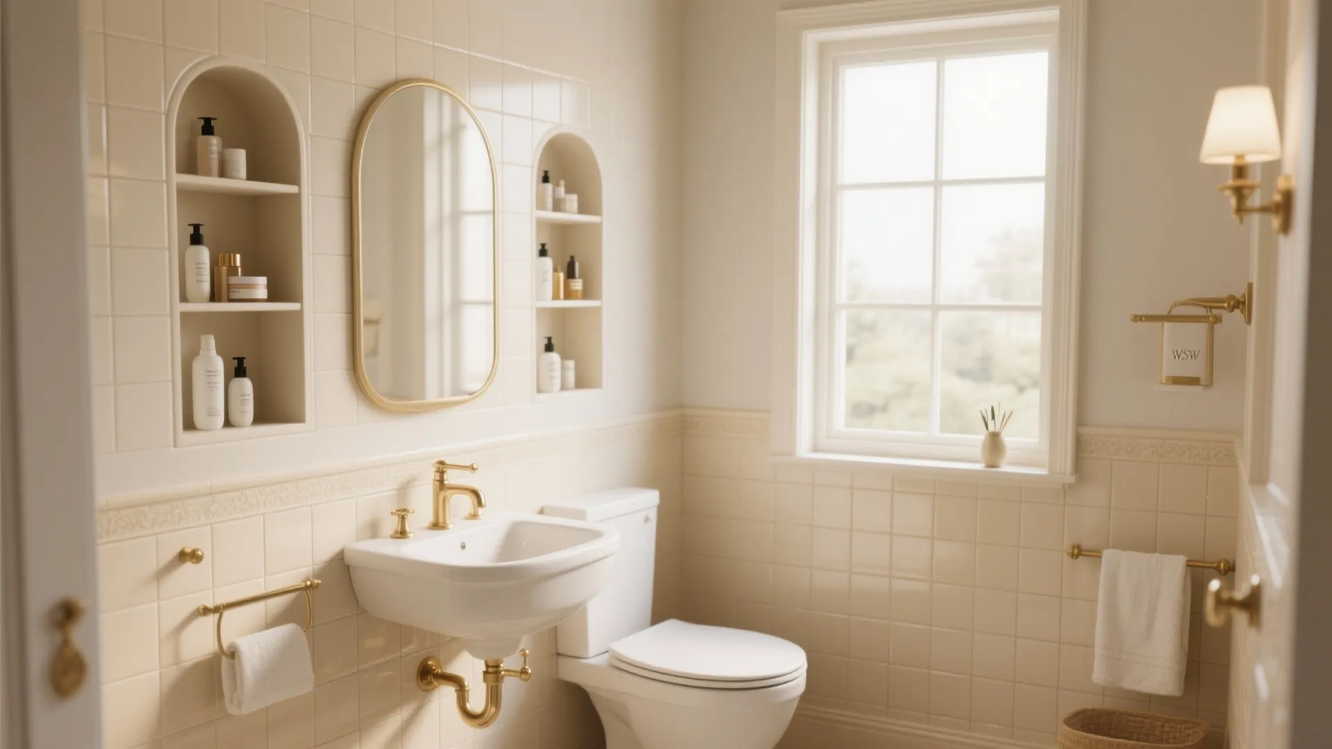 Traditional bathroom with white toilet sink gold wall light arched wall storage and window with light