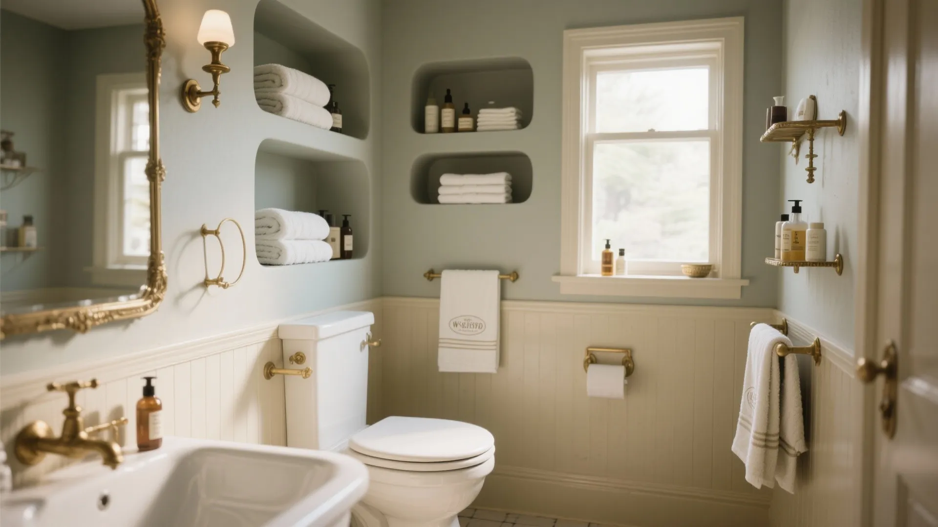 Bathroom with toilet sink and built-in wall shelves containing folded towels and cream wall panel