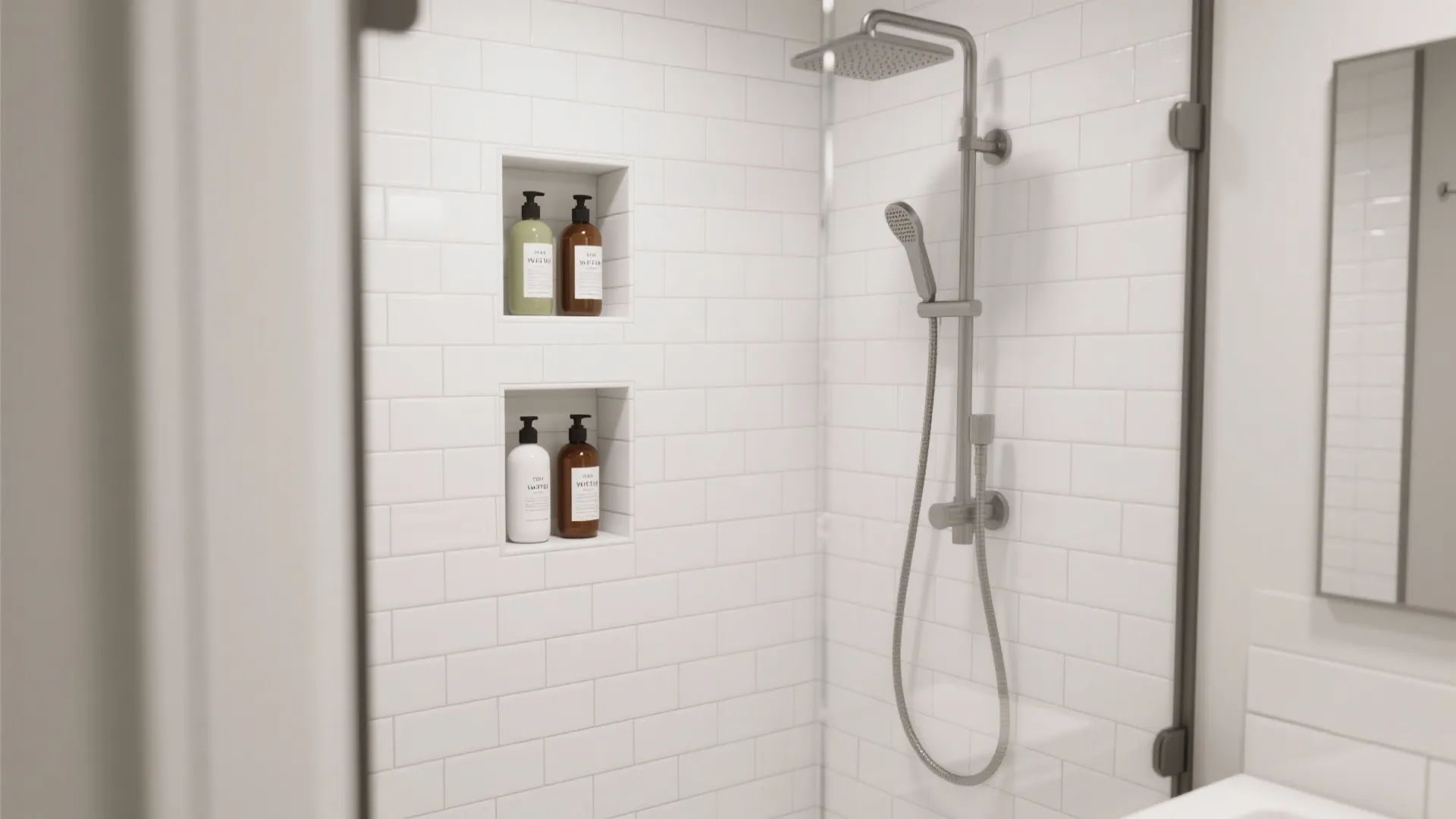 Modern white shower with built in wall shelves holding soap bottles and a silver showerhead