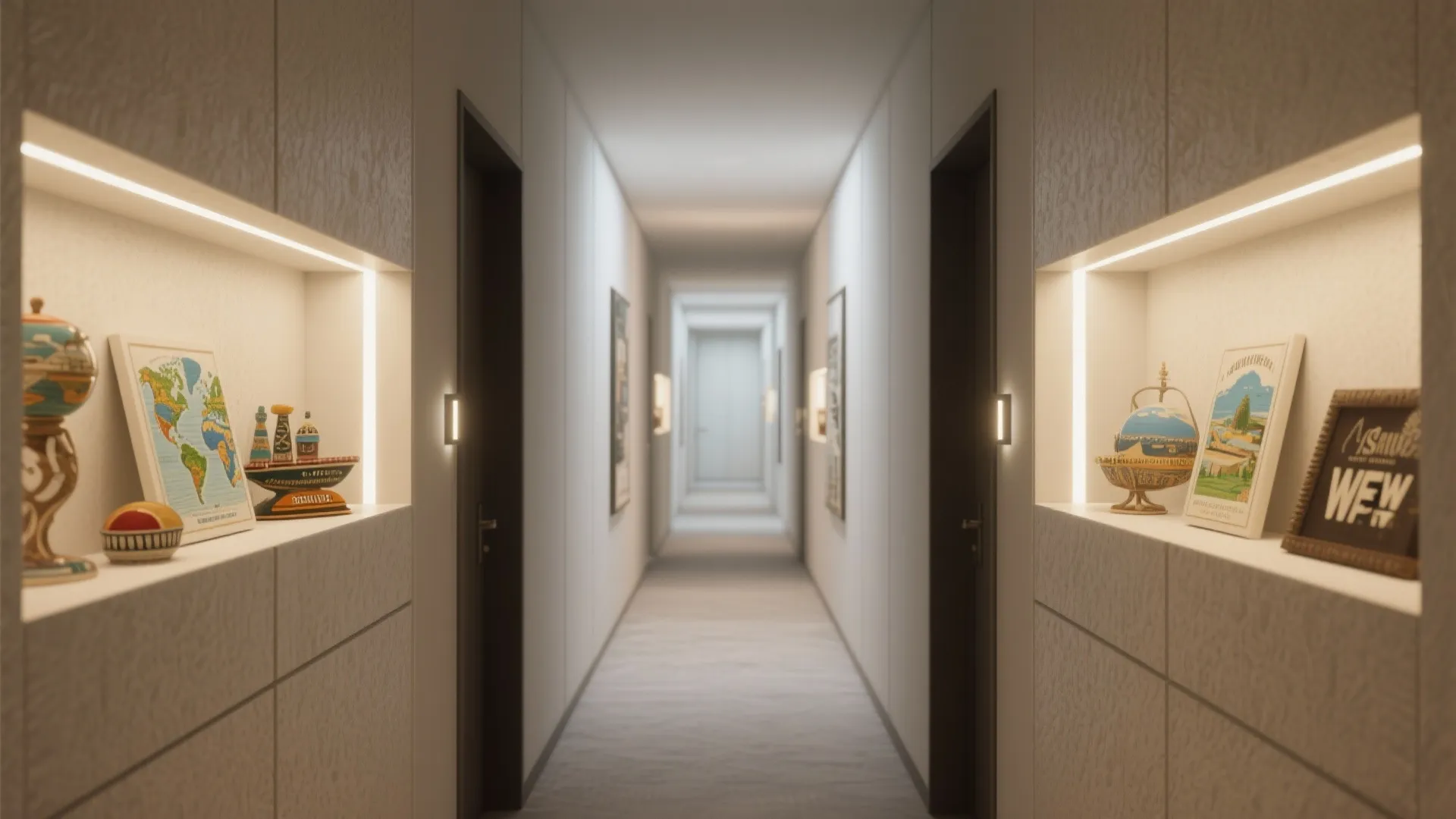 Long white hallway with built-in wall shelves displaying small decorations and bright warm hidden lights