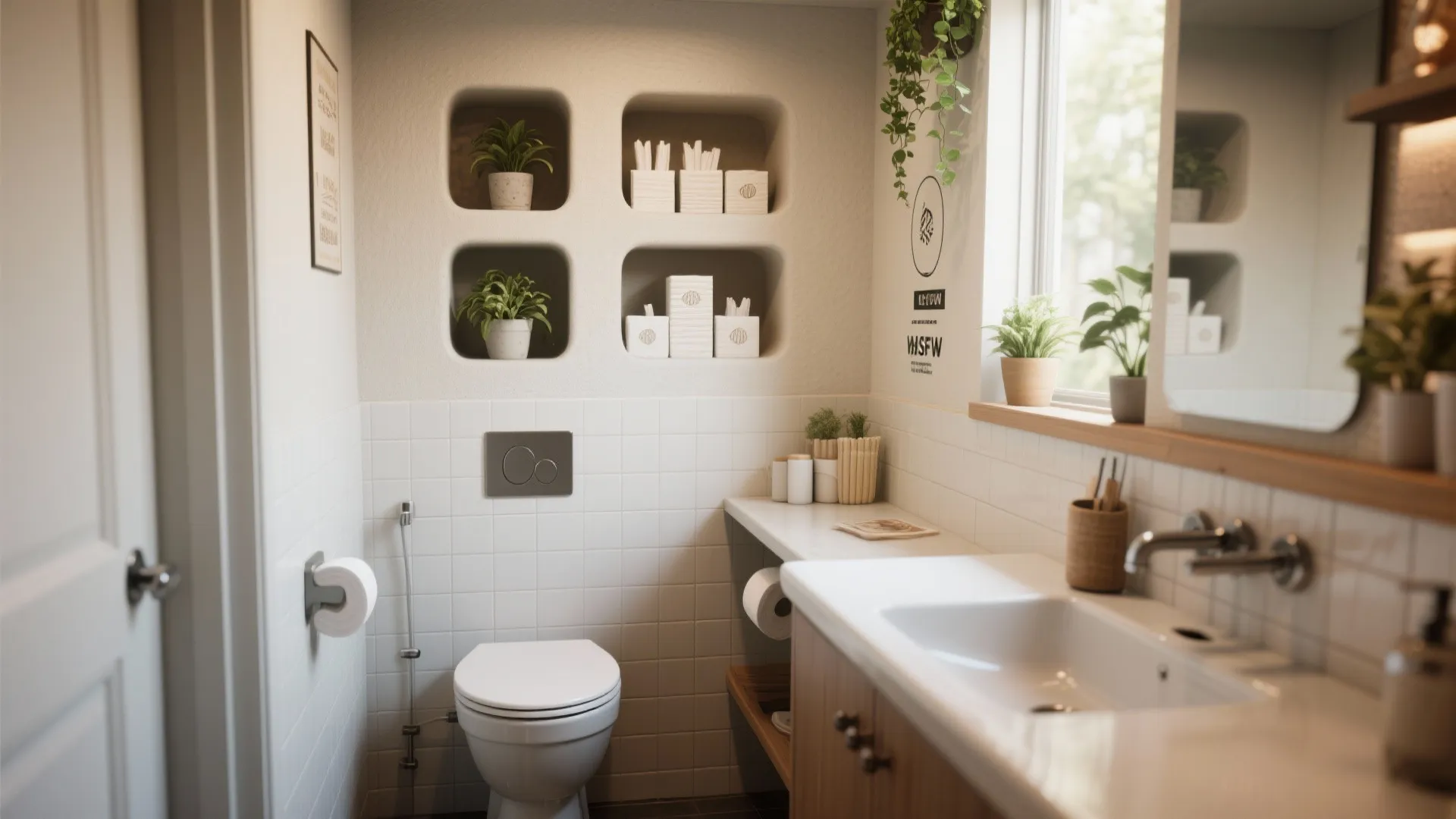 Built-in storage niches in a small restaurant bathroom