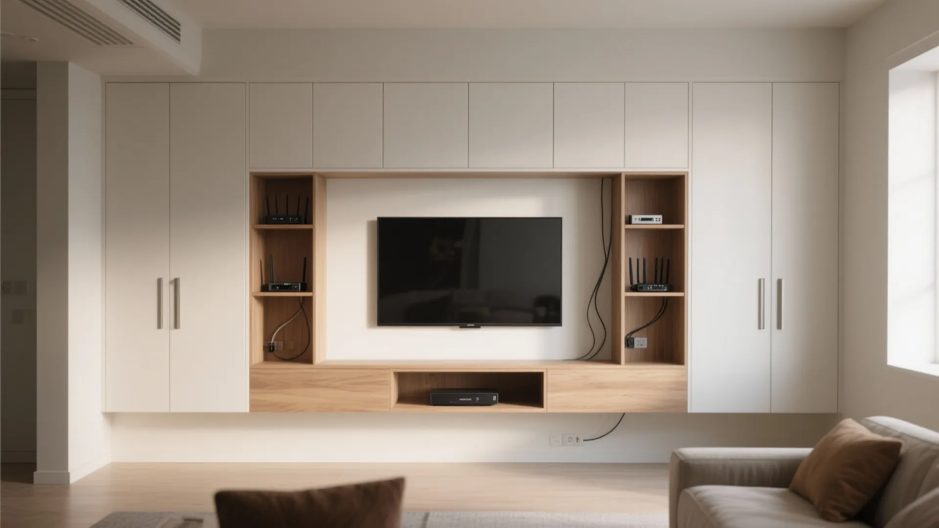 Built-in console wall with hidden storage niches