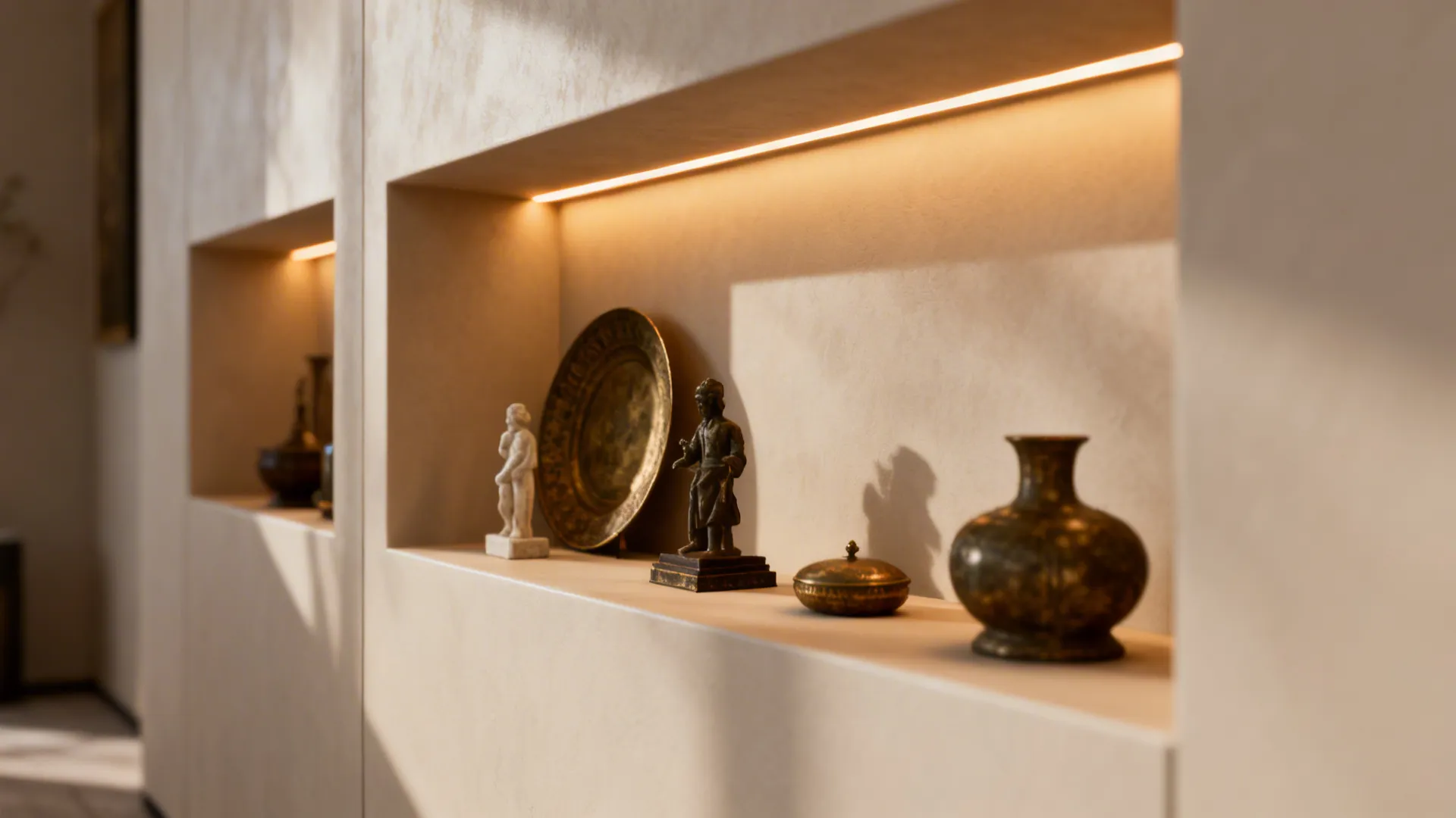 Built in wall shelves with warm hidden light strips displaying antique statues vases and plates