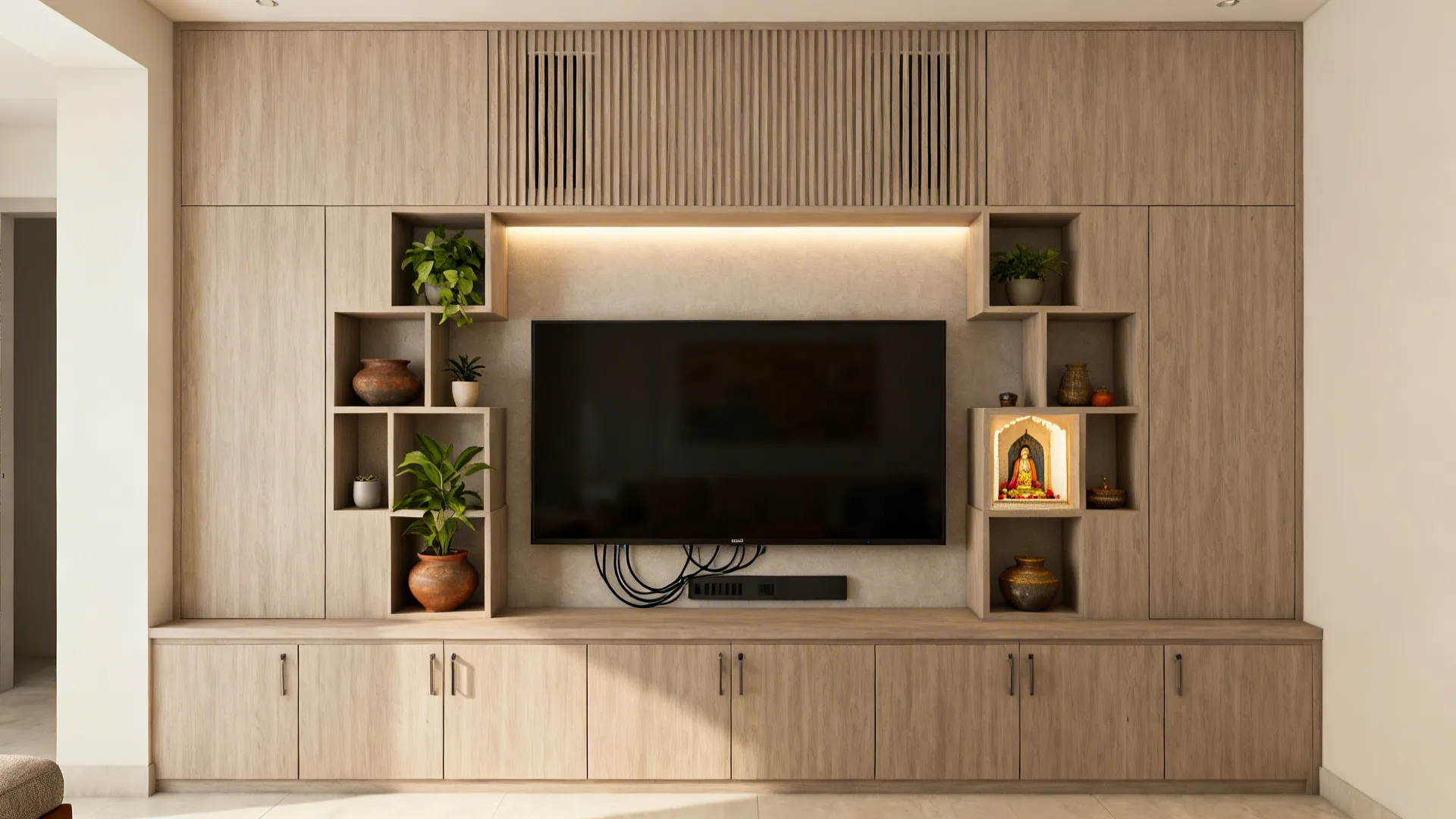 Floor-to-ceiling laminate storage wall with asymmetrical niches framing a TV in an Indian apartment.