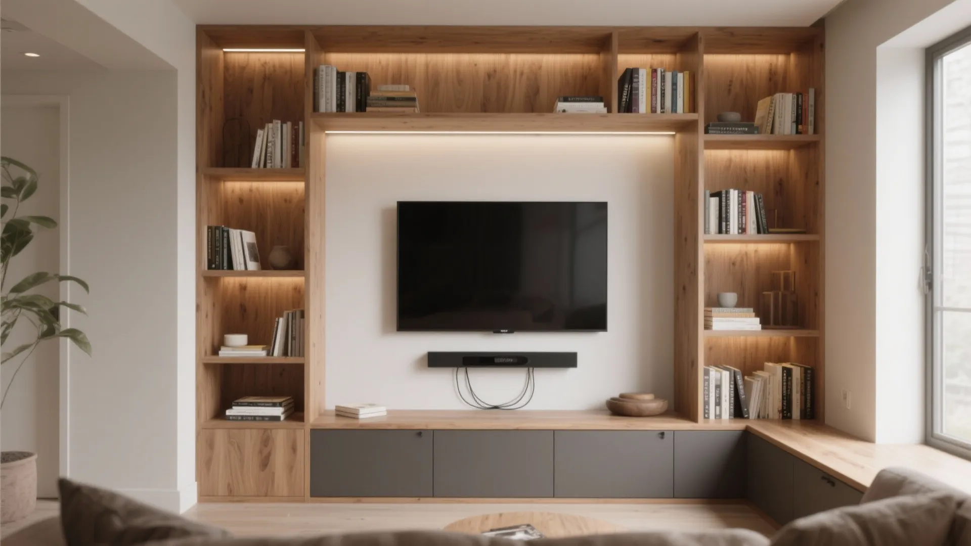 2. Built-in Nook Bookshelf Around the TV