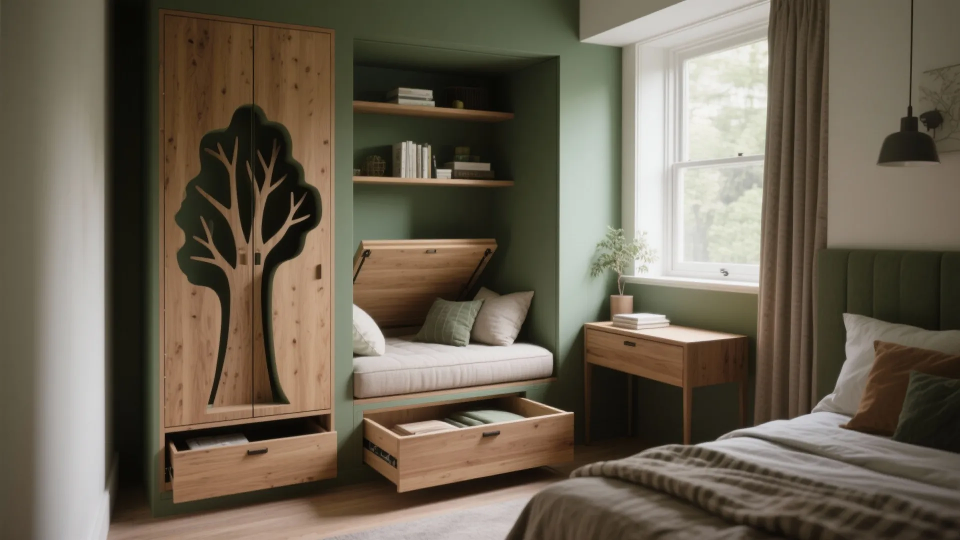 Cozy built-in window-seat nook with lift-top storage and pull-out drawers in a small bedroom.