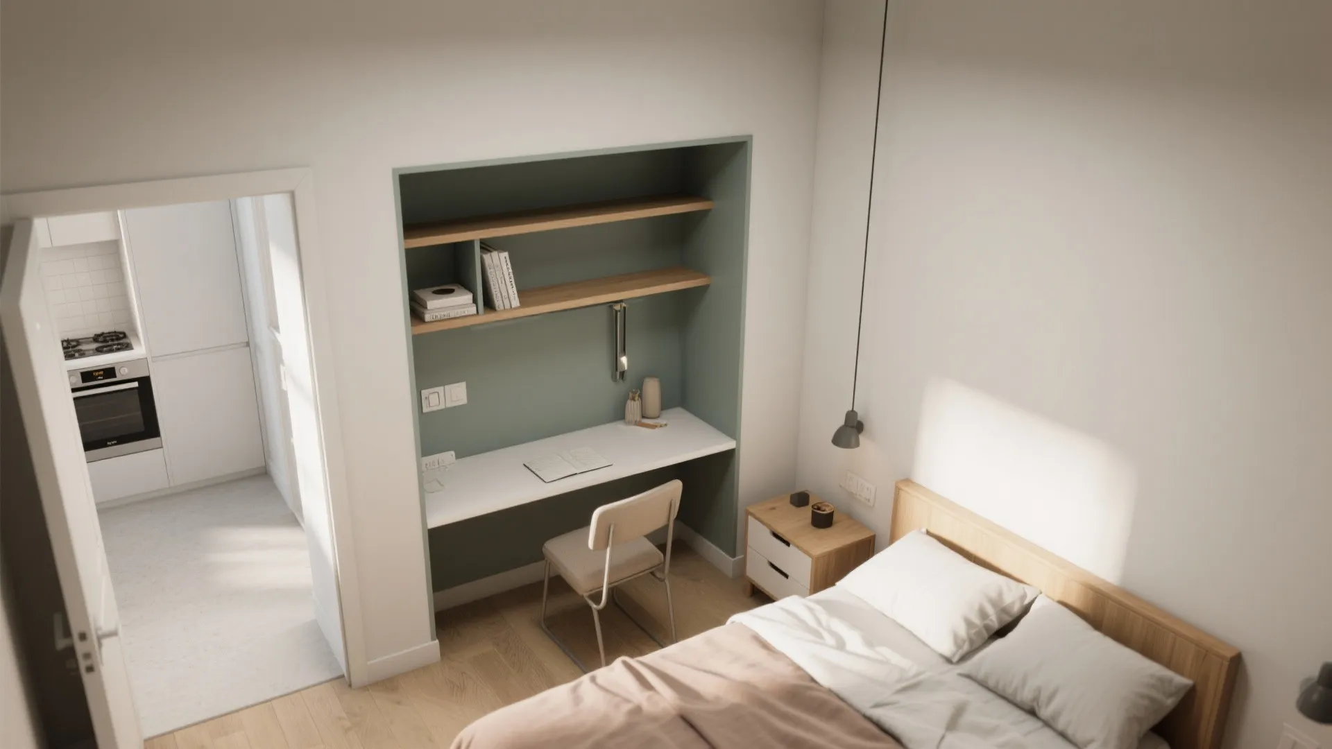 Top view of bedroom showing built in desk nook with shelves chair and wooden bed frame
