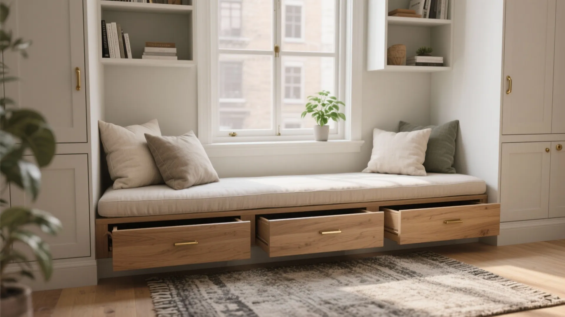 Built in window seat with wooden storage drawers white wall cabinets soft pillows and patterned rug