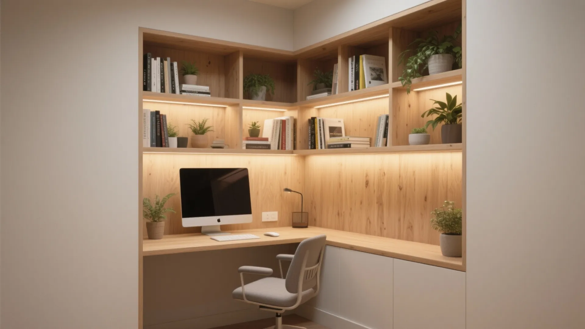 Modern wooden home office nook with built in bookshelves computer chair and warm yellow light