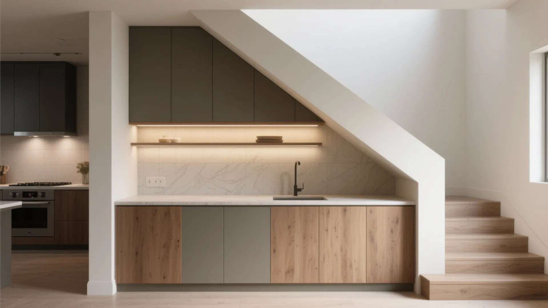 Shallow built-in counter nook under stairs coordinated with kitchen finishes and layered lighting.