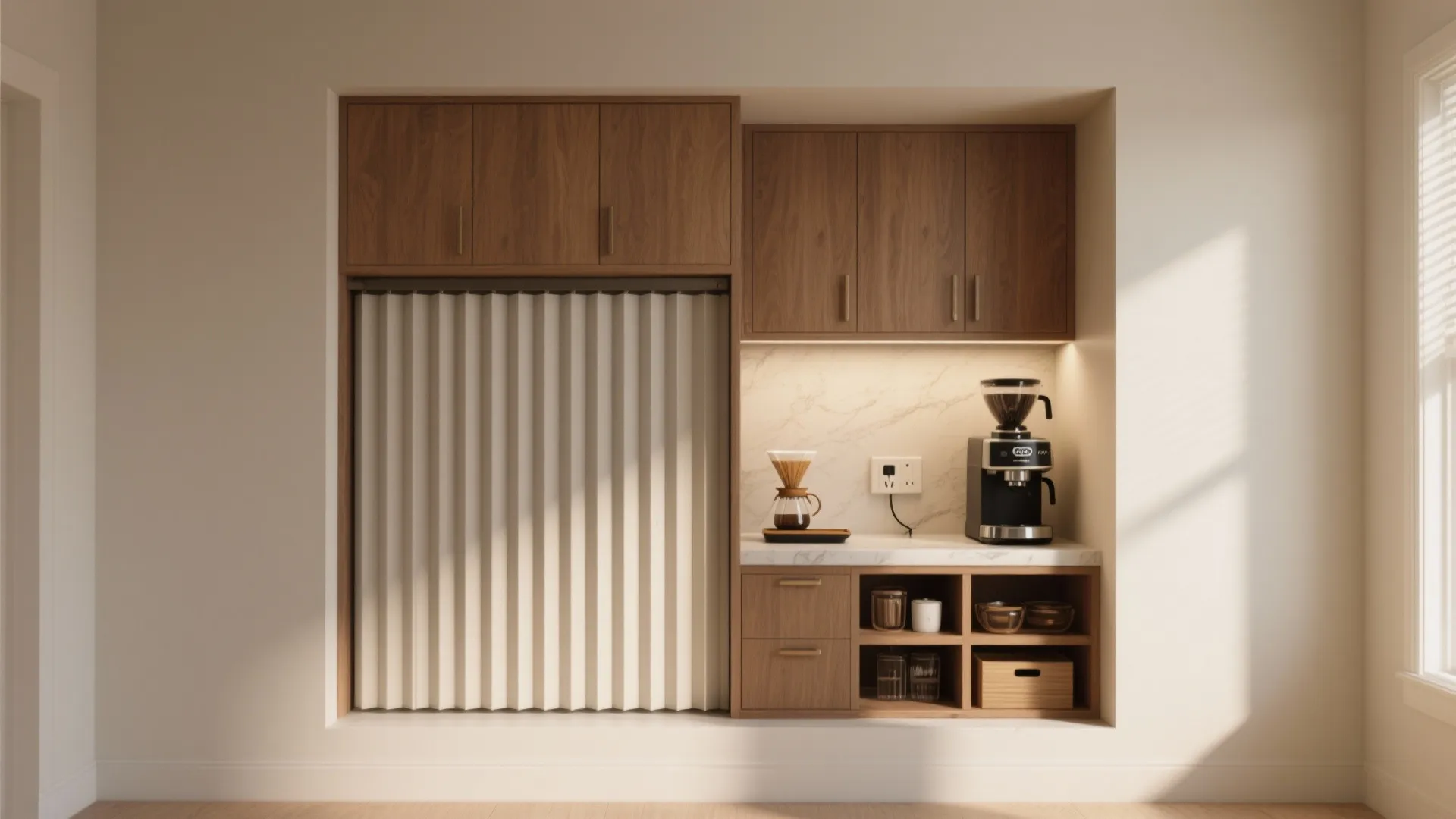 Built-in wall coffee nook with wooden cabinets, marble countertop, black coffee maker, and pleated curtain