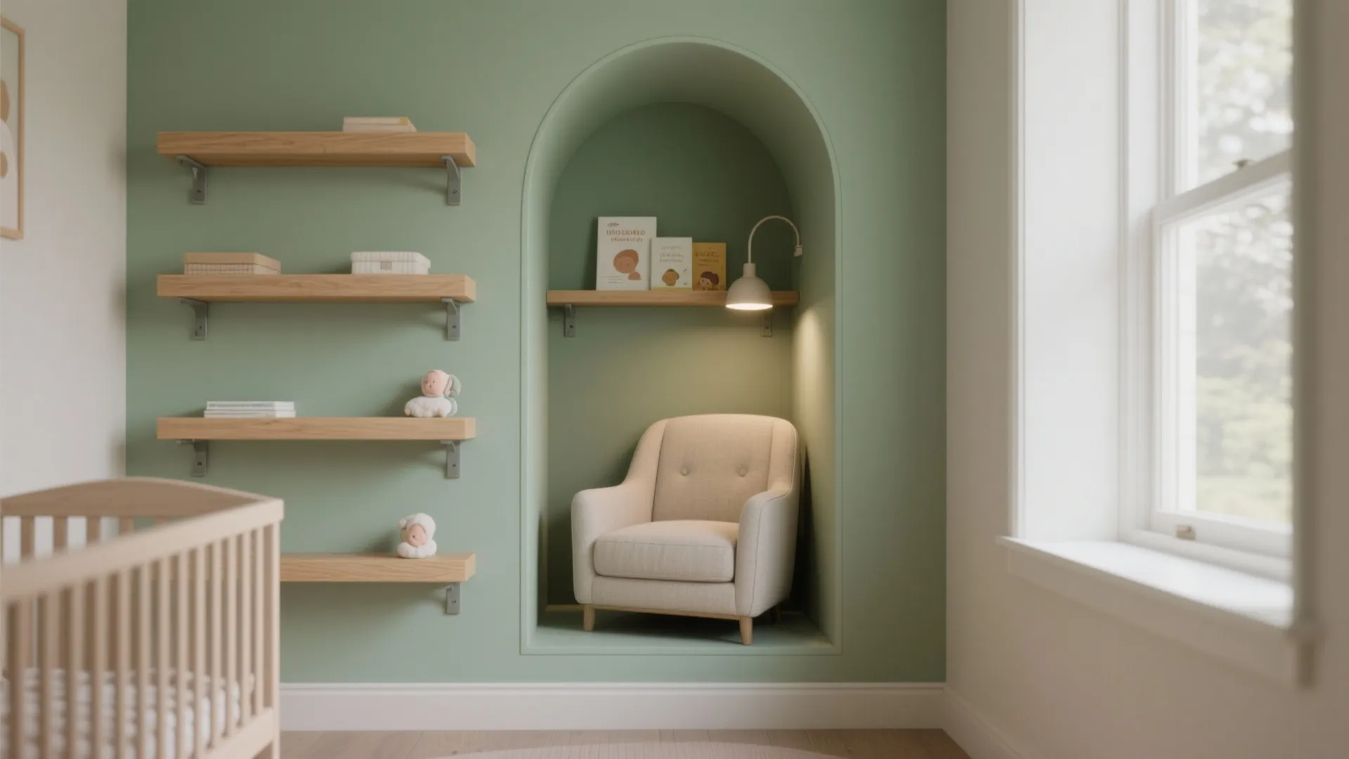 Green nursery with arched wall nook, comfy chair, wall light, wooden shelves, and baby crib