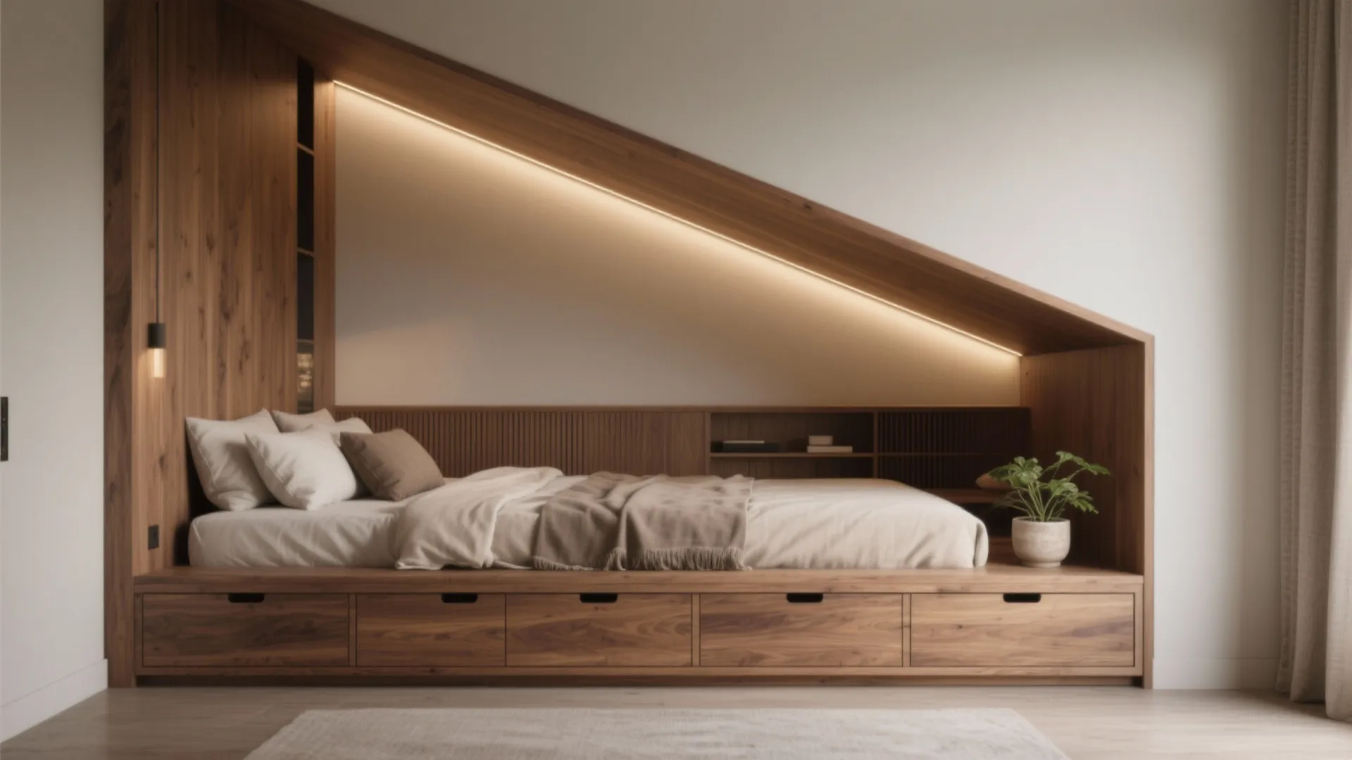Custom built-in platform bed in an alcove with drawers, slatted base vents, and warm recessed lighting.